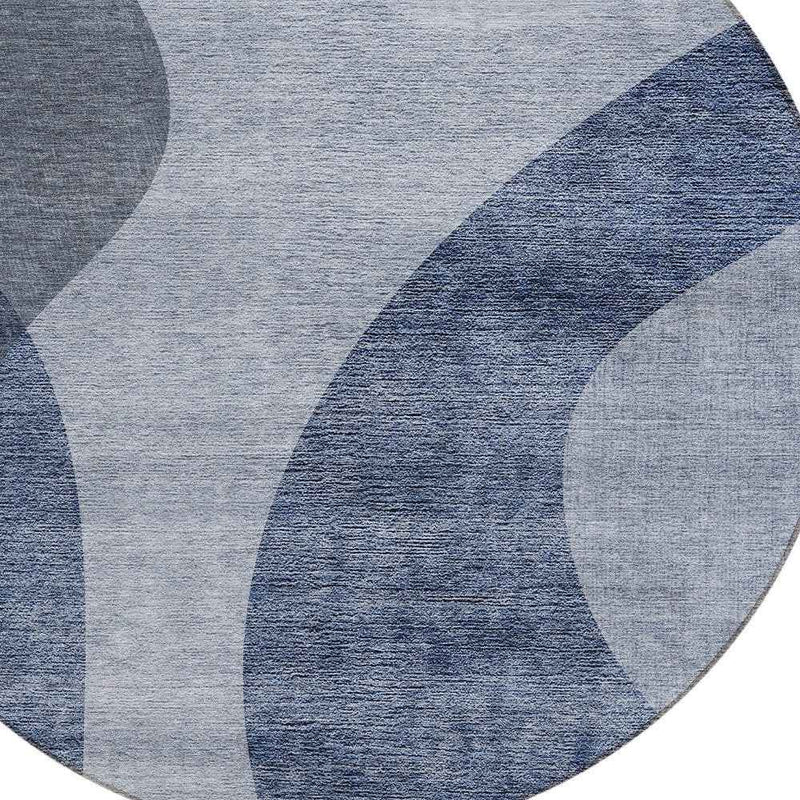 8' Denim Blue And Sky Blue Round Abstract Washable Indoor Outdoor Area Rug