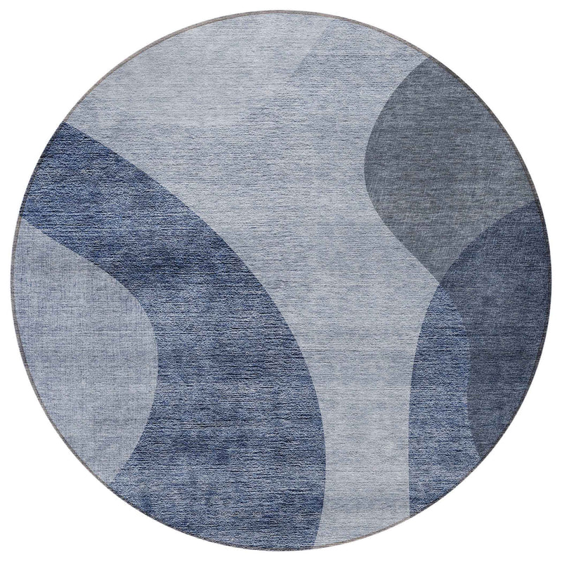 8' Denim Blue And Sky Blue Round Abstract Washable Indoor Outdoor Area Rug