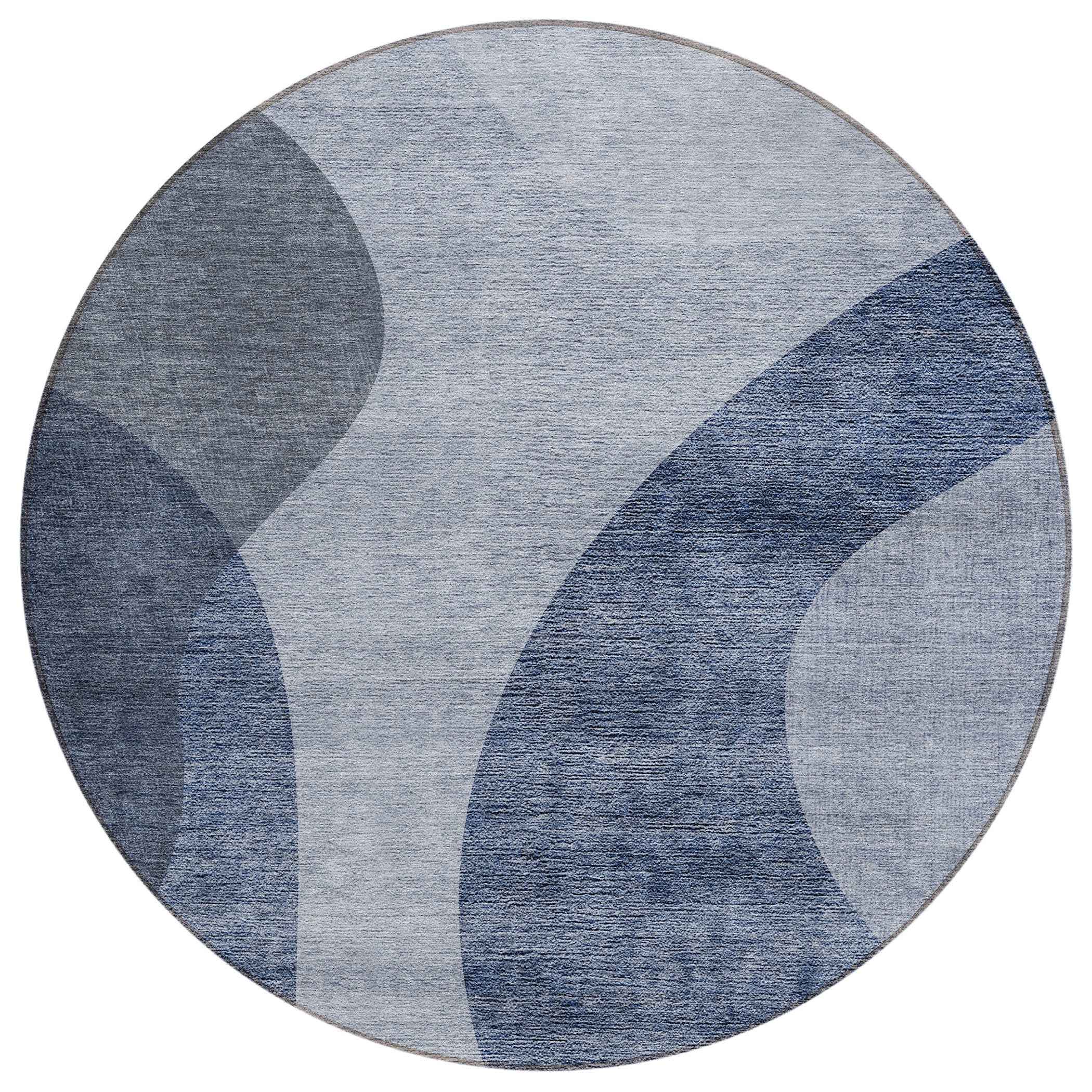 8' Denim Blue And Sky Blue Round Abstract Washable Indoor Outdoor Area Rug