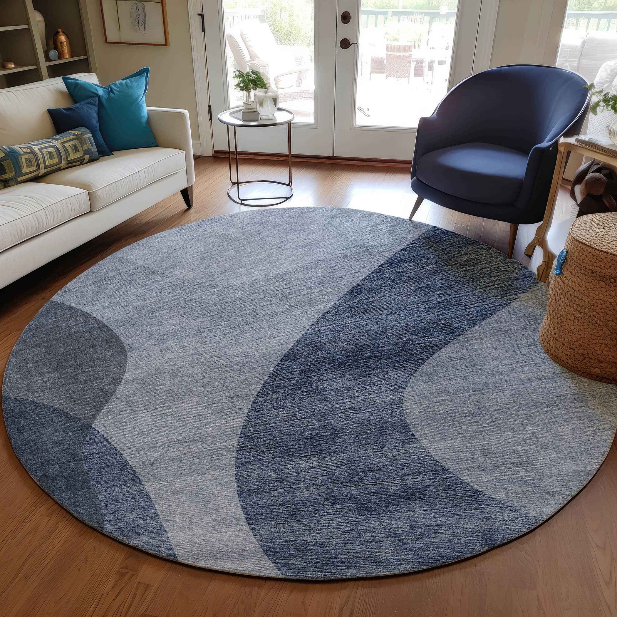 8' Denim Blue And Sky Blue Round Abstract Washable Indoor Outdoor Area Rug