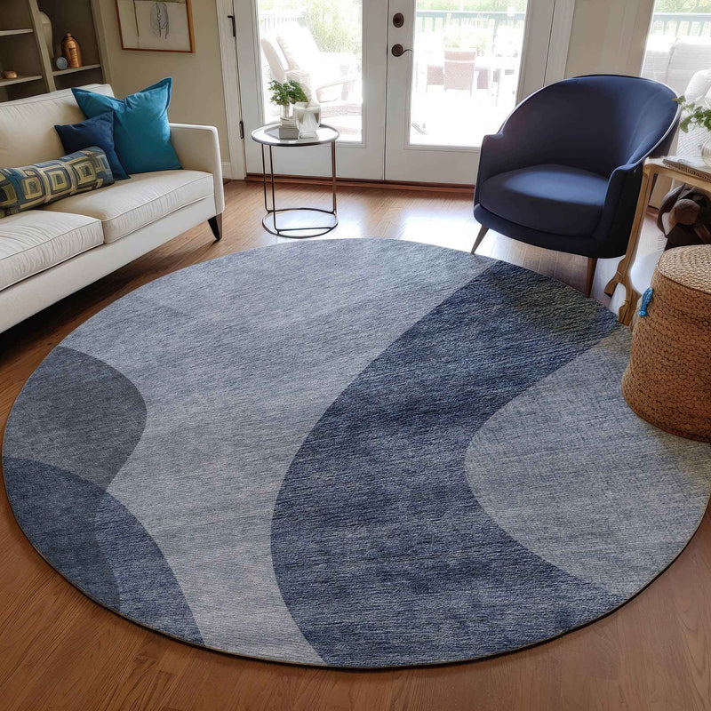 8' Denim Blue And Sky Blue Round Abstract Washable Indoor Outdoor Area Rug
