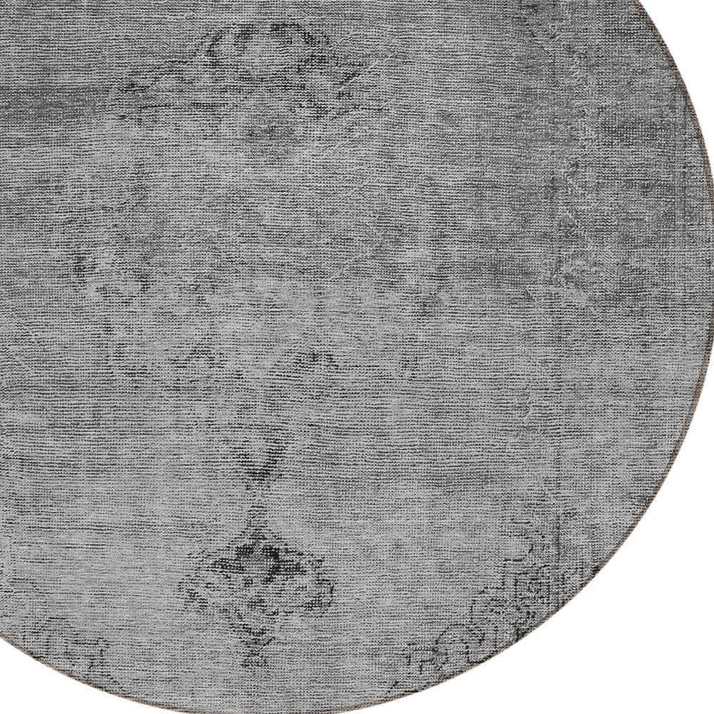 8' Gray Silver And Charcoal Round Oriental Washable Indoor Outdoor Area Rug