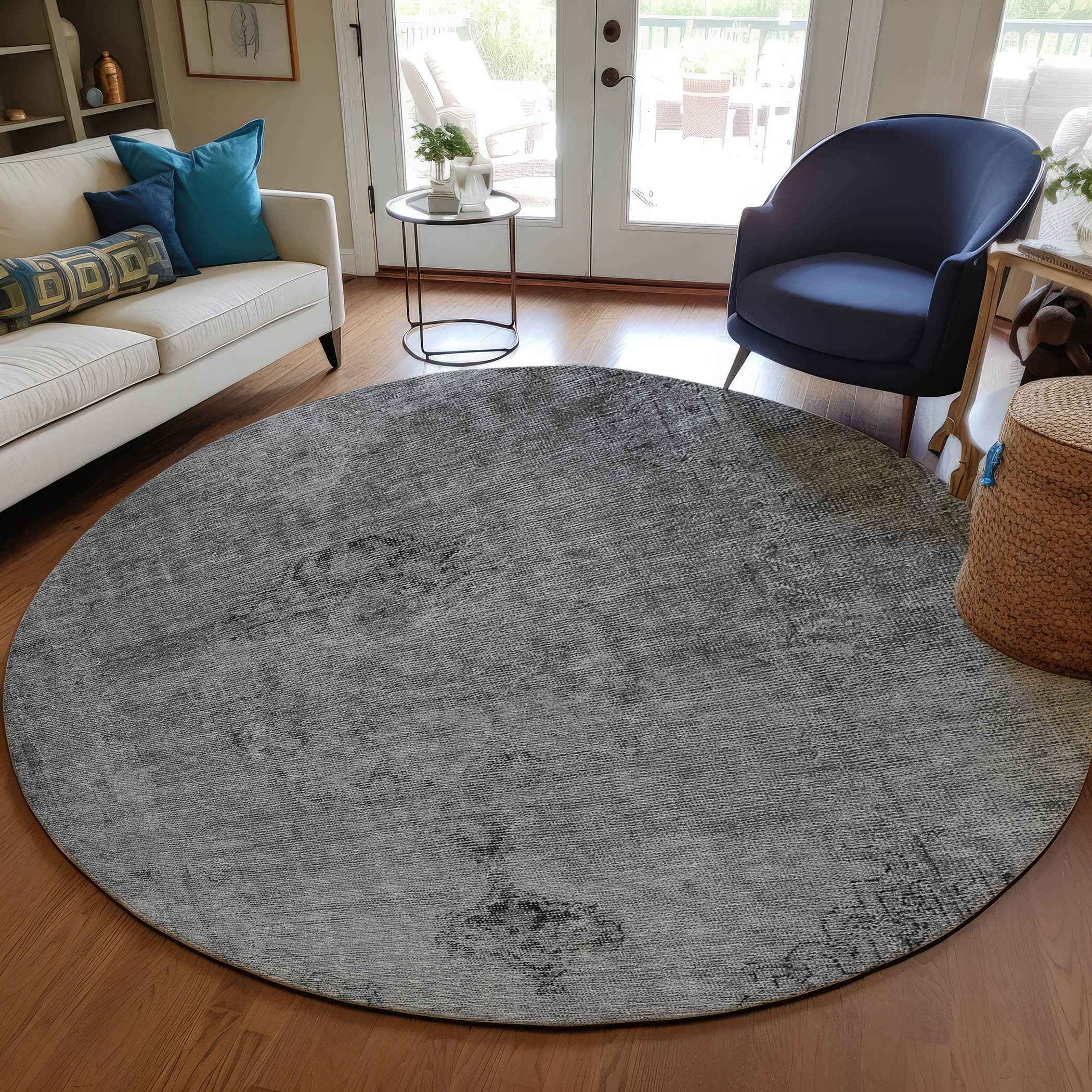 8' Gray Silver And Charcoal Round Oriental Washable Indoor Outdoor Area Rug