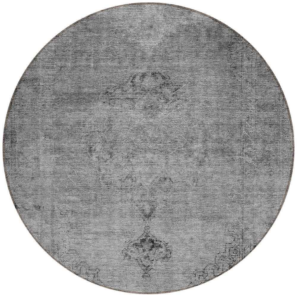 8' Gray Silver And Charcoal Round Oriental Washable Indoor Outdoor Area Rug