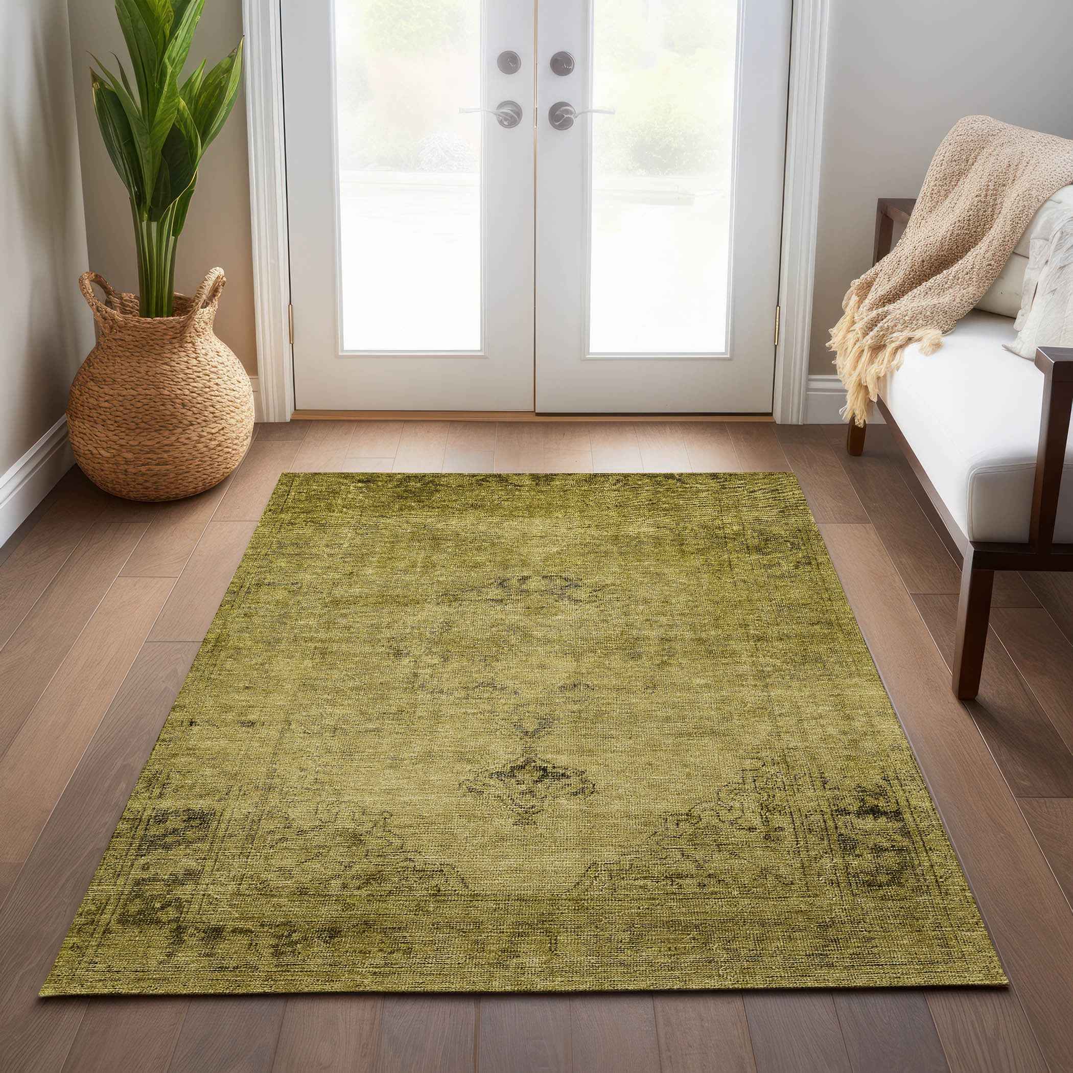 9' X 12' Gold Brown And Wheat Oriental Washable Indoor Outdoor Area Rug