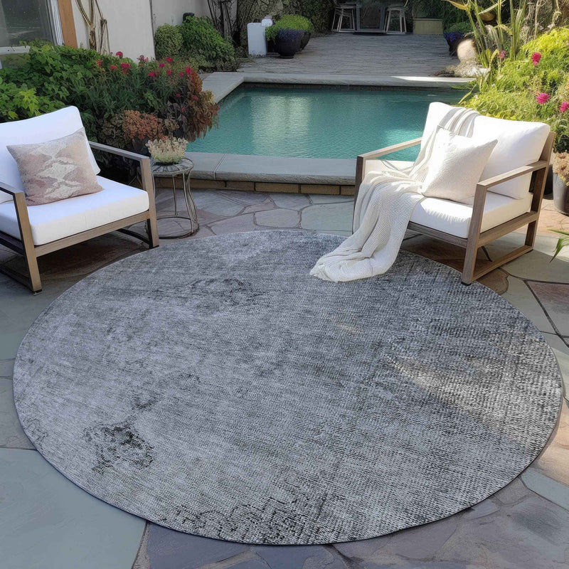 8' Gray Silver And Charcoal Round Oriental Washable Indoor Outdoor Area Rug