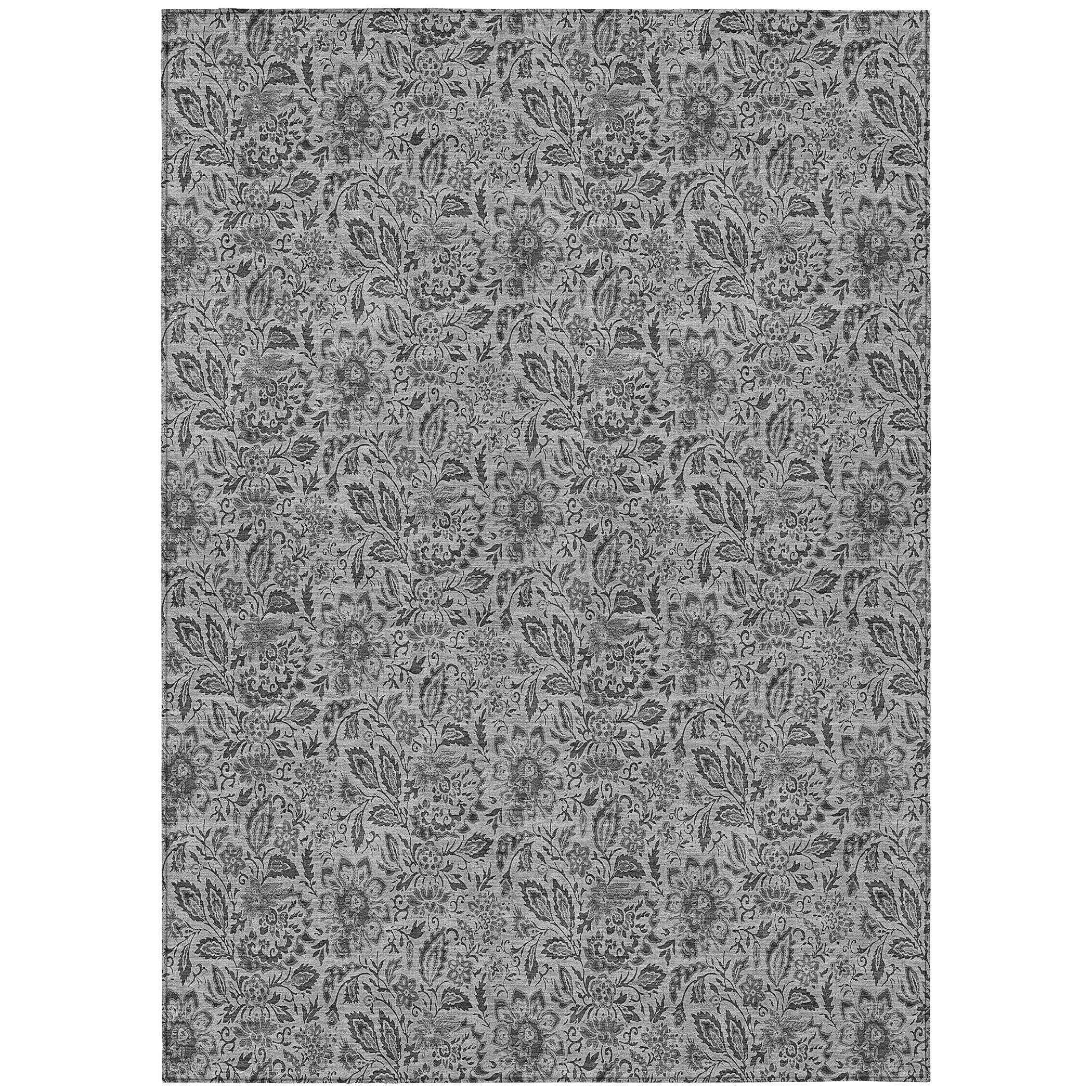 3' X 5' Gray Silver And Charcoal Floral Washable Indoor Outdoor Area Rug