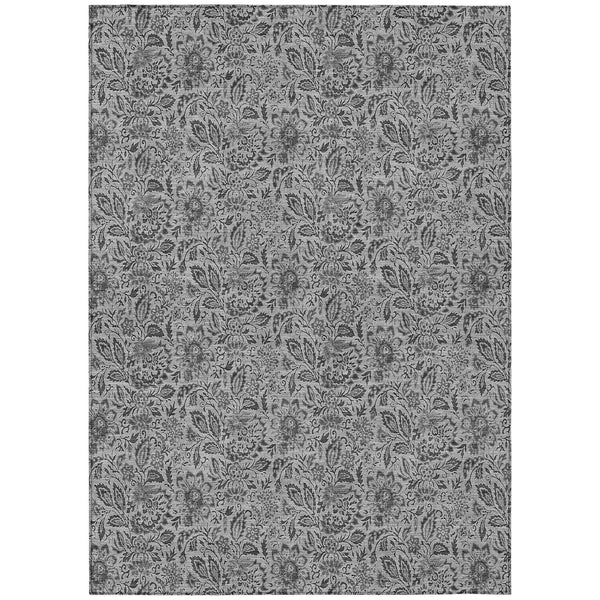 3' X 5' Gray Silver And Charcoal Floral Washable Indoor Outdoor Area Rug