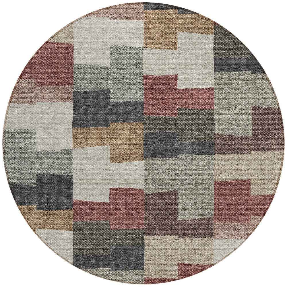 8' Orange Copper And Charcoal Round Geometric Washable Indoor Outdoor Area Rug