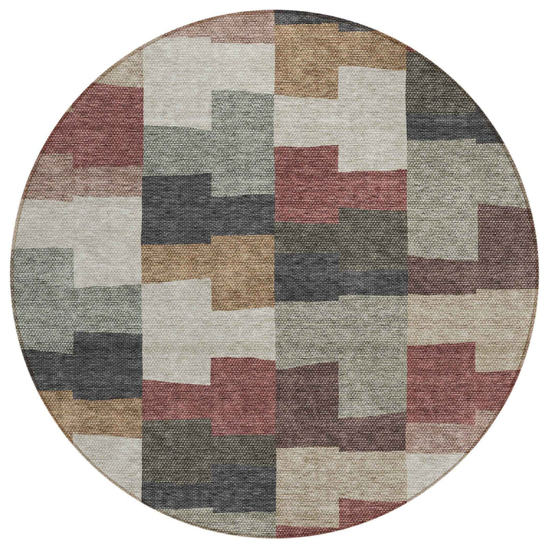 8' Orange Copper And Charcoal Round Geometric Washable Indoor Outdoor Area Rug