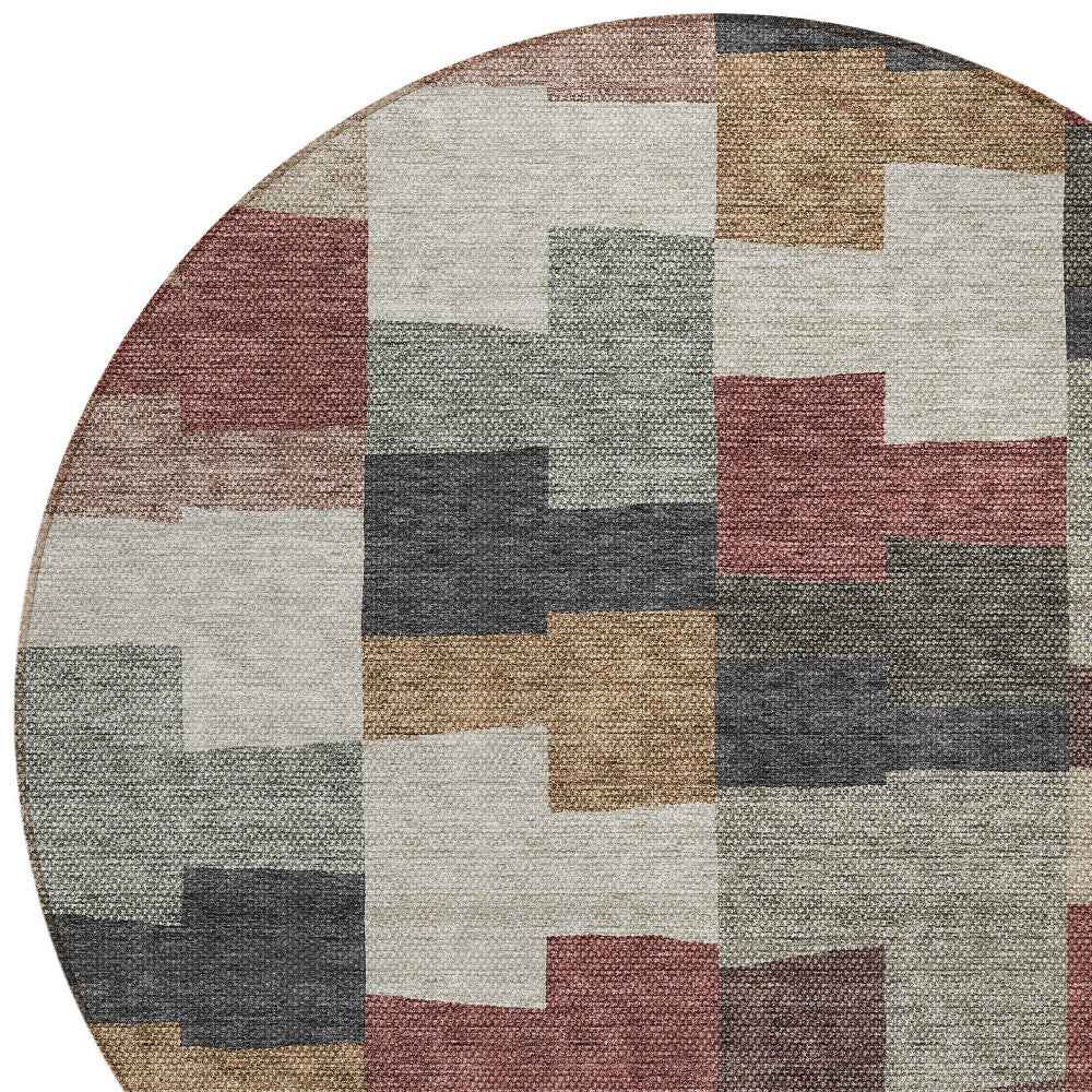 8' Orange Copper And Charcoal Round Geometric Washable Indoor Outdoor Area Rug