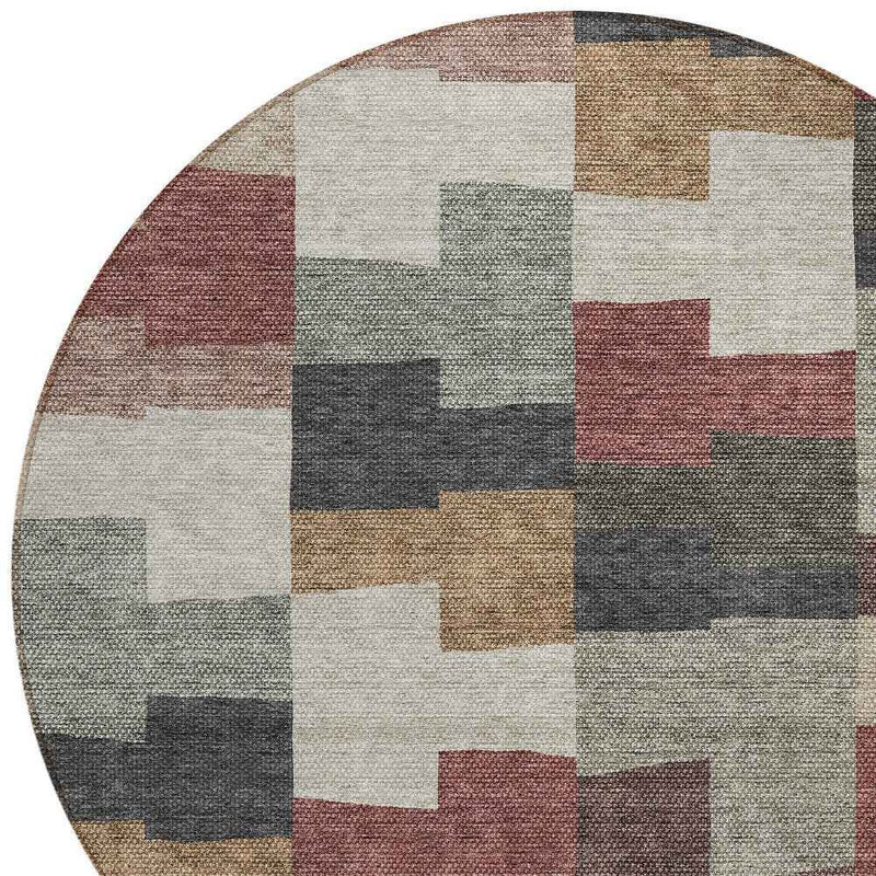 8' Orange Copper And Charcoal Round Geometric Washable Indoor Outdoor Area Rug