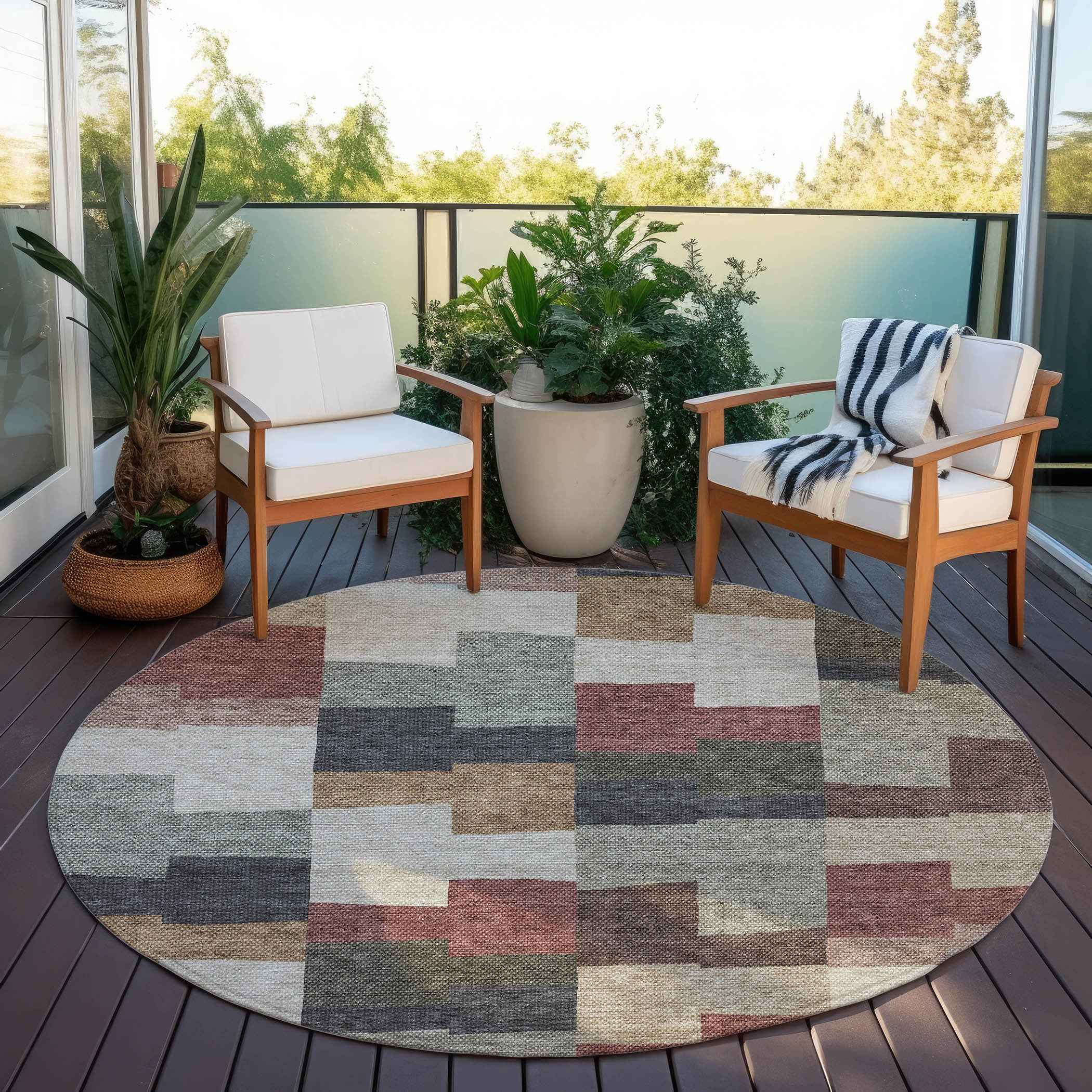 8' Orange Copper And Charcoal Round Geometric Washable Indoor Outdoor Area Rug
