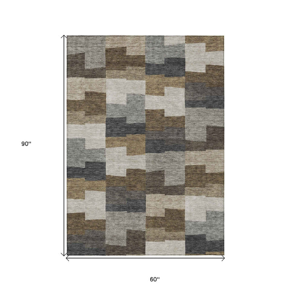 5' X 8' Brown Beige And Ivory Geometric Washable Indoor Outdoor Area Rug