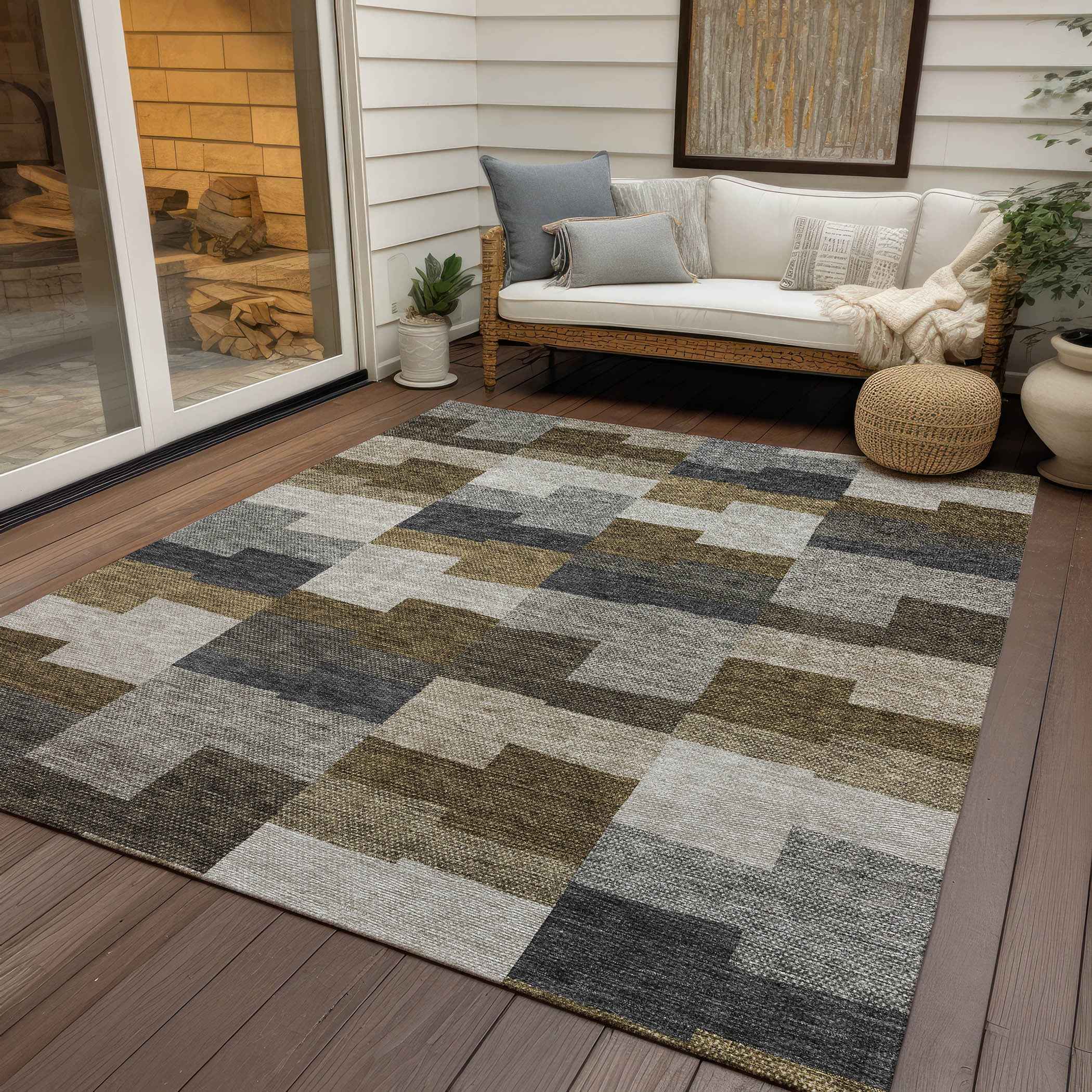 5' X 8' Brown Beige And Ivory Geometric Washable Indoor Outdoor Area Rug