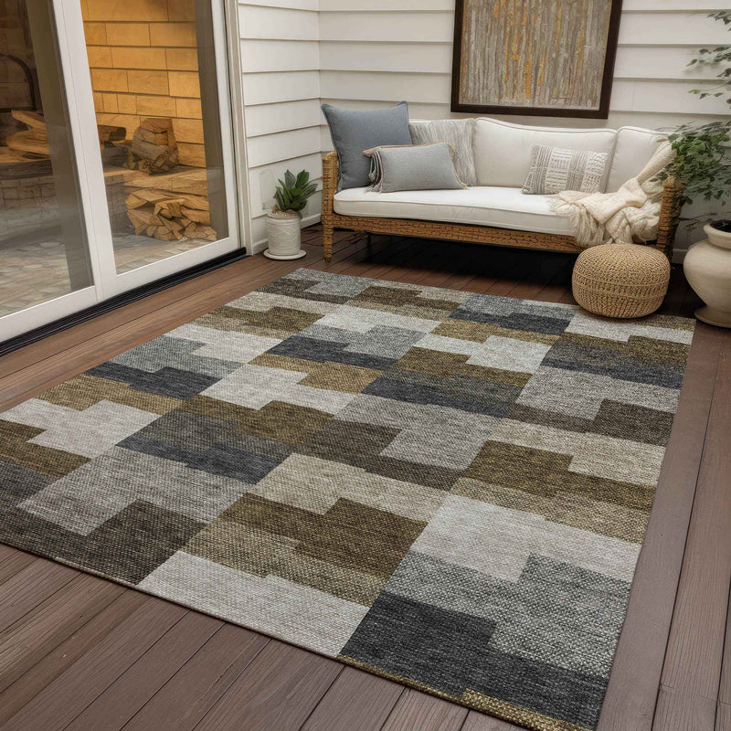 5' X 8' Brown Beige And Ivory Geometric Washable Indoor Outdoor Area Rug