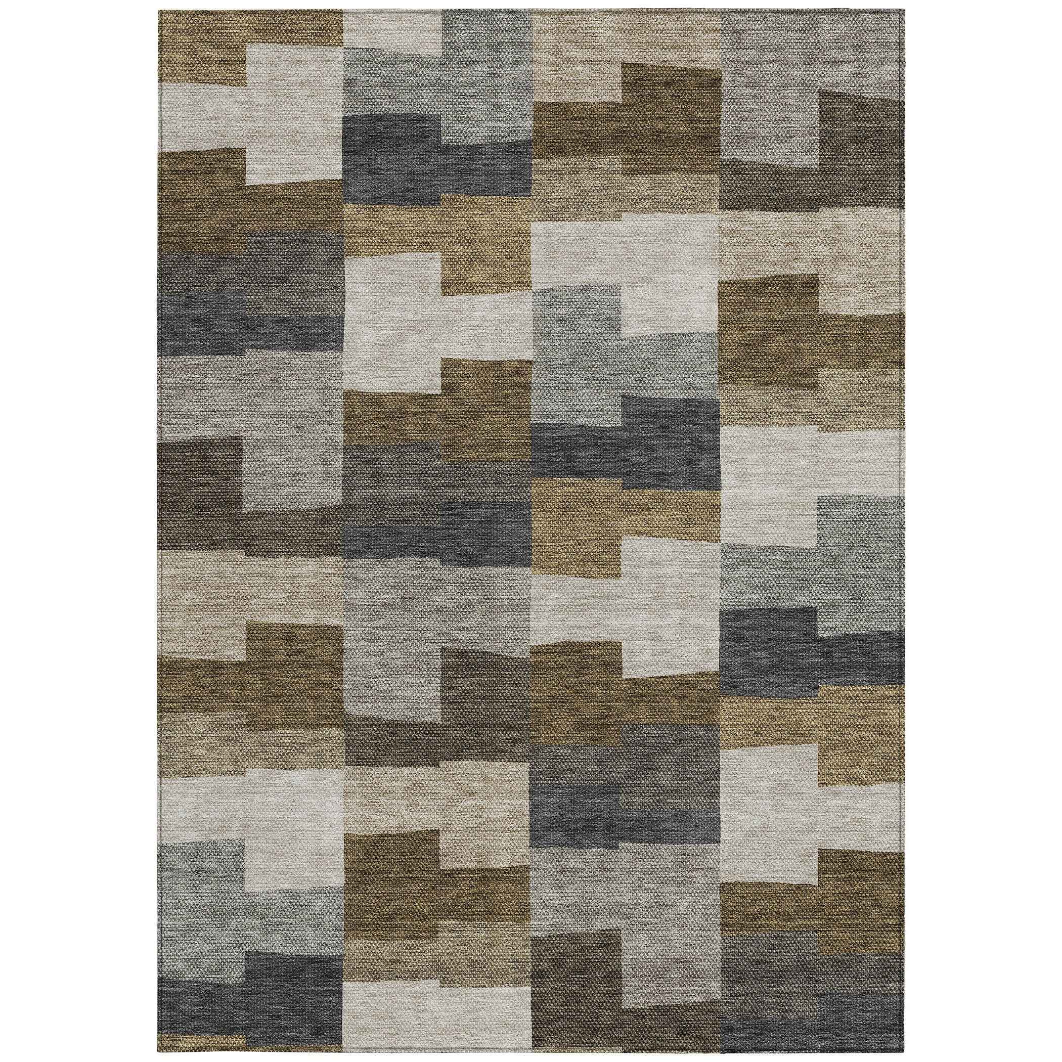 5' X 8' Brown Beige And Ivory Geometric Washable Indoor Outdoor Area Rug
