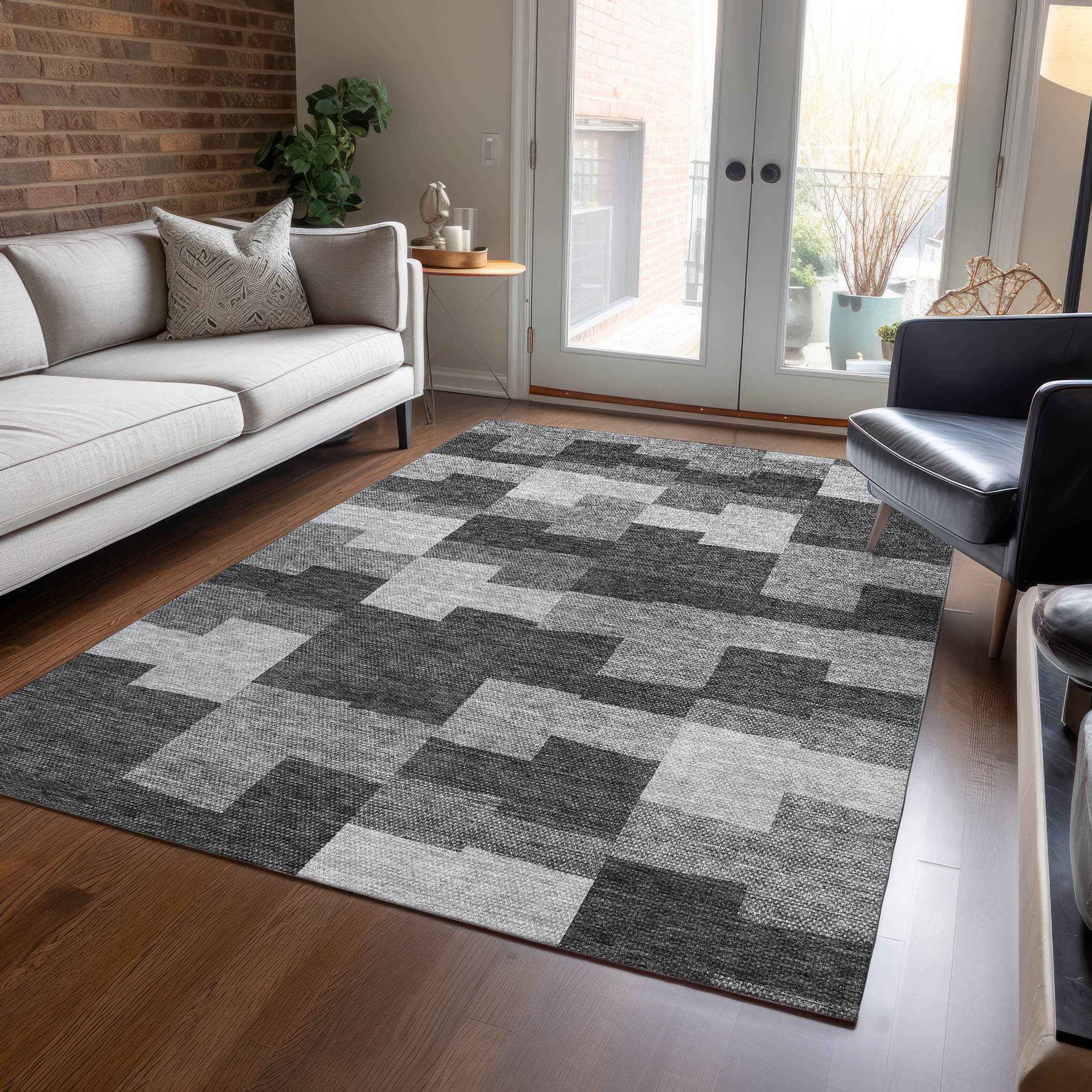 3' X 5' Gray Silver And Charcoal Geometric Washable Indoor Outdoor Area Rug