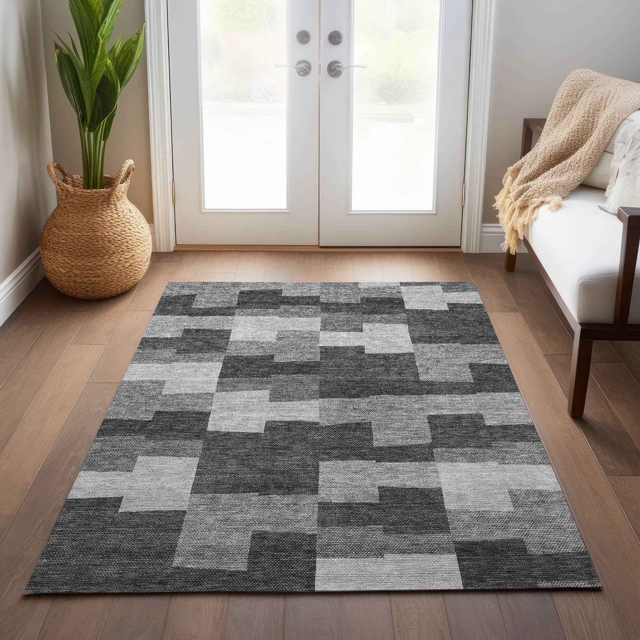 3' X 5' Gray Silver And Charcoal Geometric Washable Indoor Outdoor Area Rug