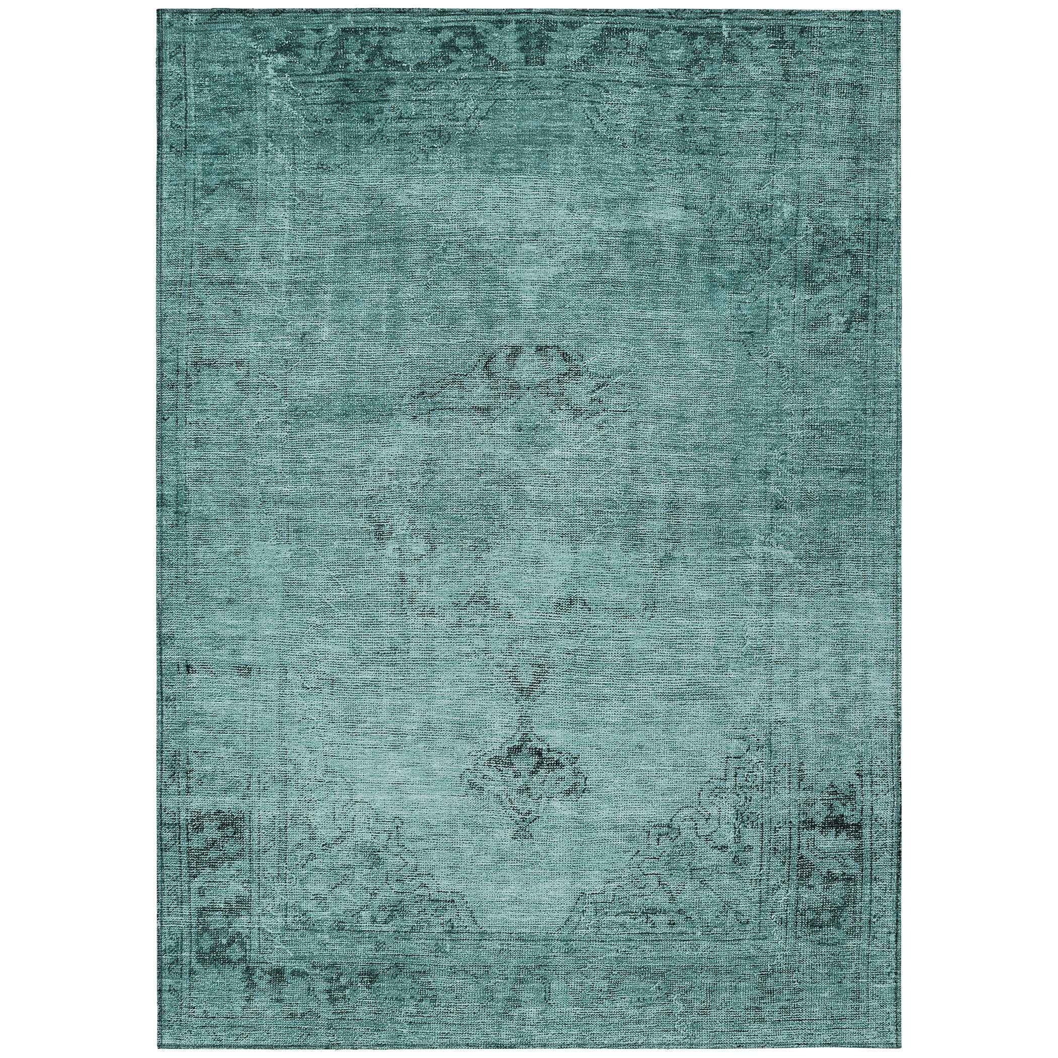 3' X 5' Teal Blue Turquoise And Charcoal Oriental Washable Indoor Outdoor Area Rug