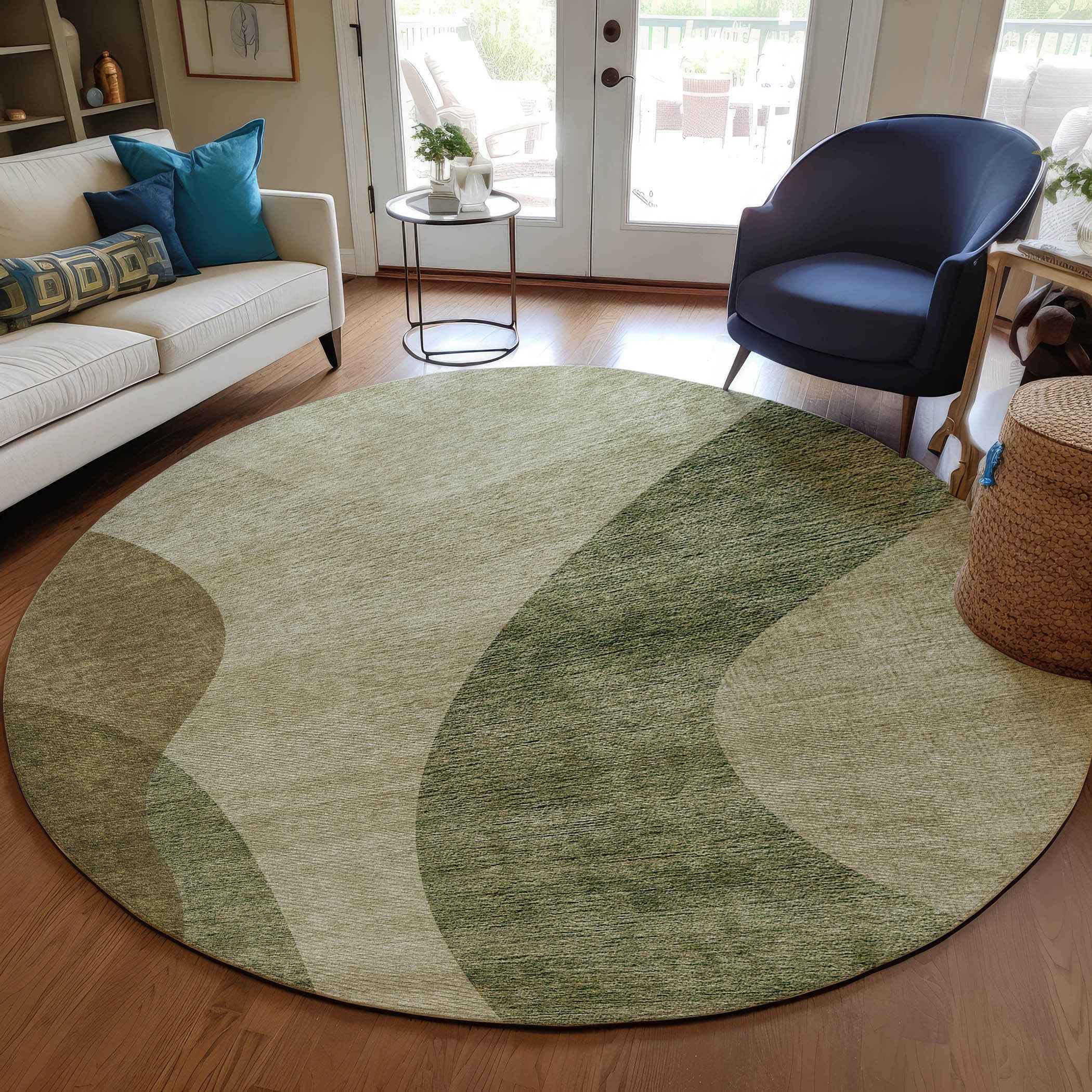 8' Beige And Chocolate Round Abstract Washable Indoor Outdoor Area Rug