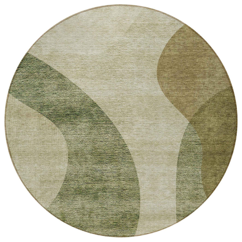 8' Beige And Chocolate Round Abstract Washable Indoor Outdoor Area Rug