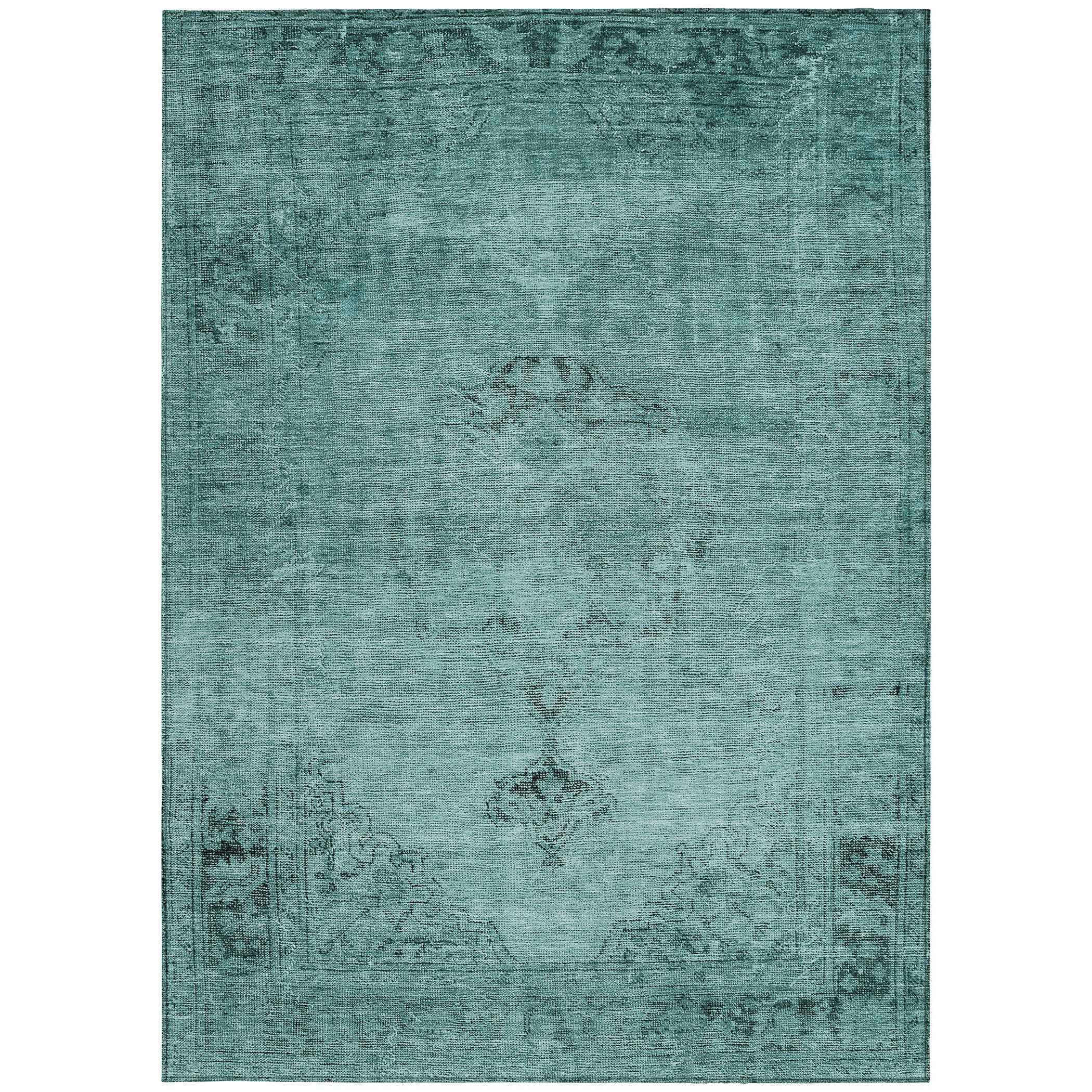 10' X 14' Teal Blue Turquoise And Charcoal Oriental Washable Indoor Outdoor Area Rug