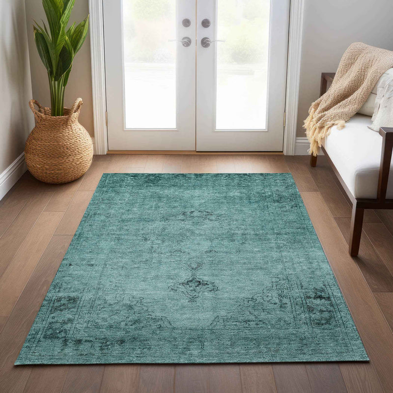 10' X 14' Teal Blue Turquoise And Charcoal Oriental Washable Indoor Outdoor Area Rug