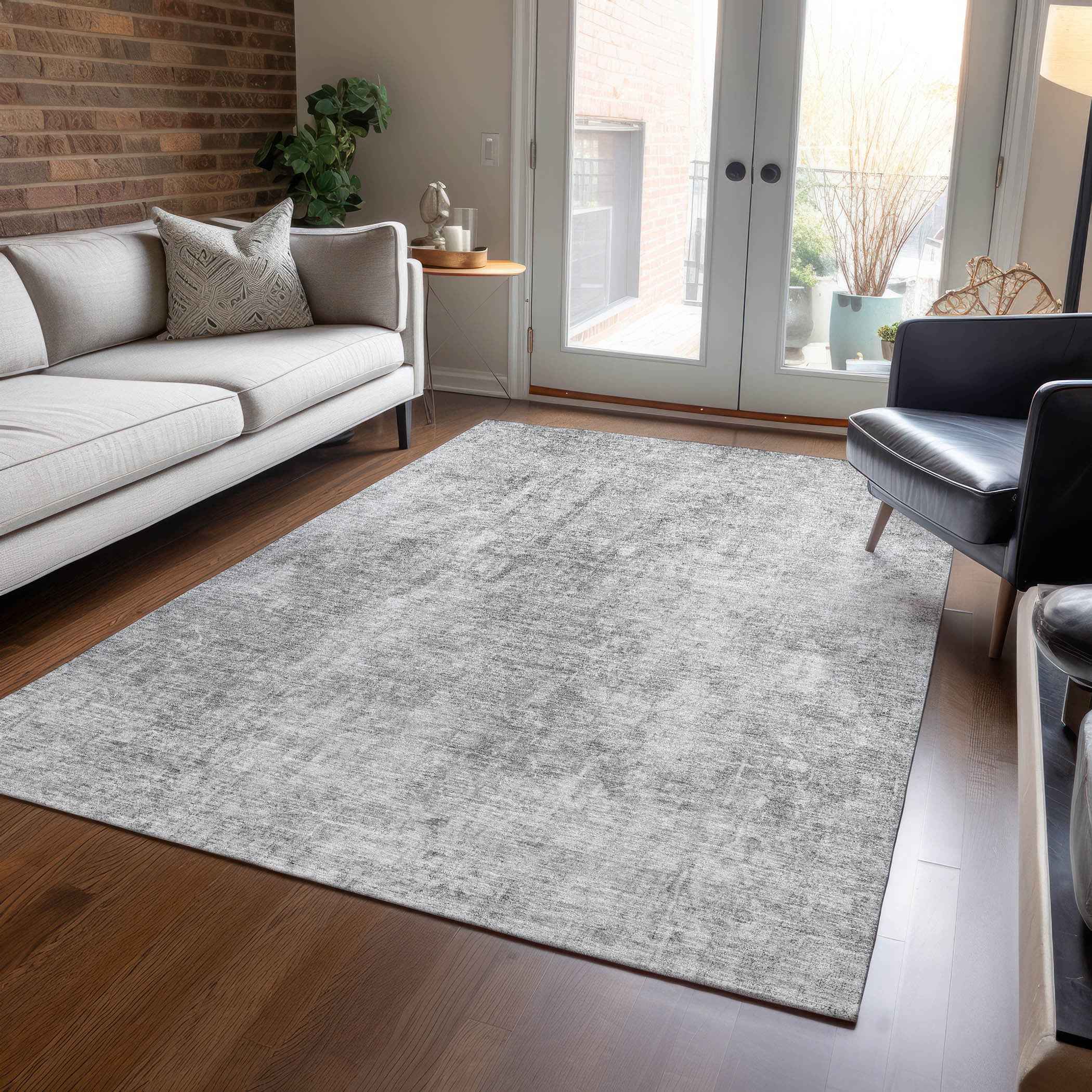 8' X 10' Gray Silver And Charcoal Abstract Washable Indoor Outdoor Area Rug