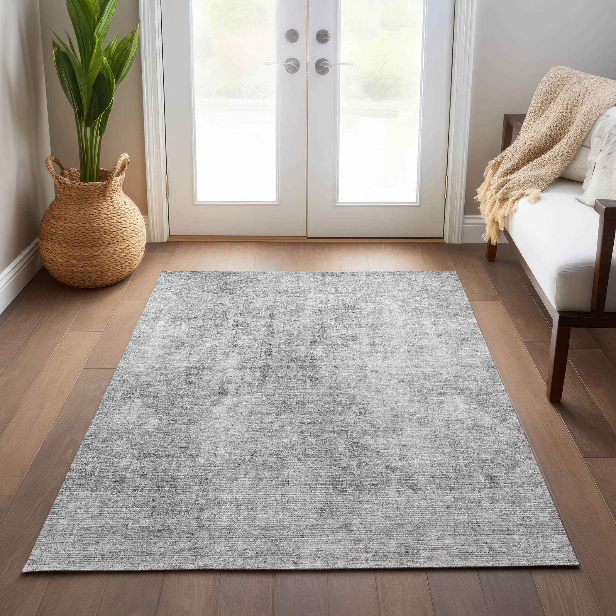 8' X 10' Gray Silver And Charcoal Abstract Washable Indoor Outdoor Area Rug