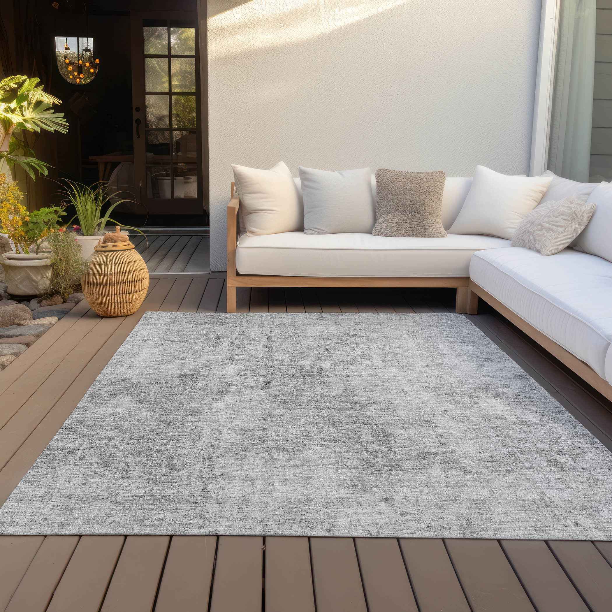 8' X 10' Gray Silver And Charcoal Abstract Washable Indoor Outdoor Area Rug