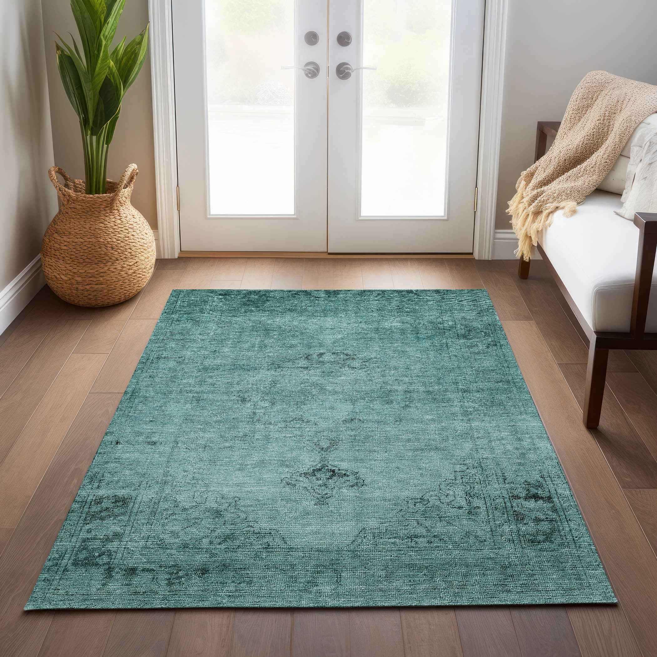 8' X 10' Teal Blue Turquoise And Charcoal Oriental Washable Indoor Outdoor Area Rug