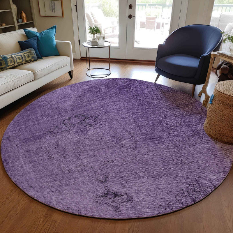 8' Purple Eggplant And Lavender Round Oriental Washable Indoor Outdoor Area Rug