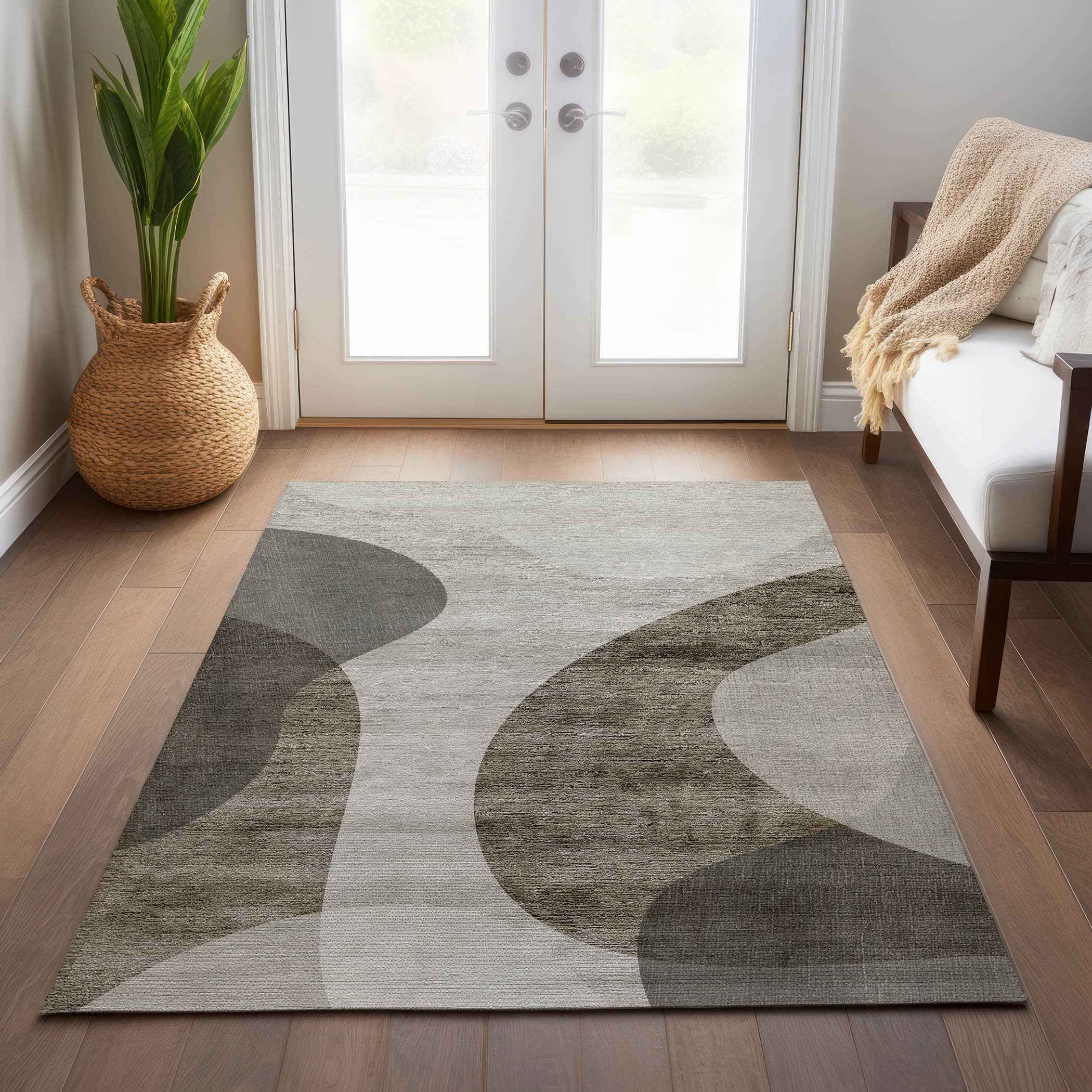 5' X 8' Taupe Beige And Chocolate Abstract Washable Indoor Outdoor Area Rug