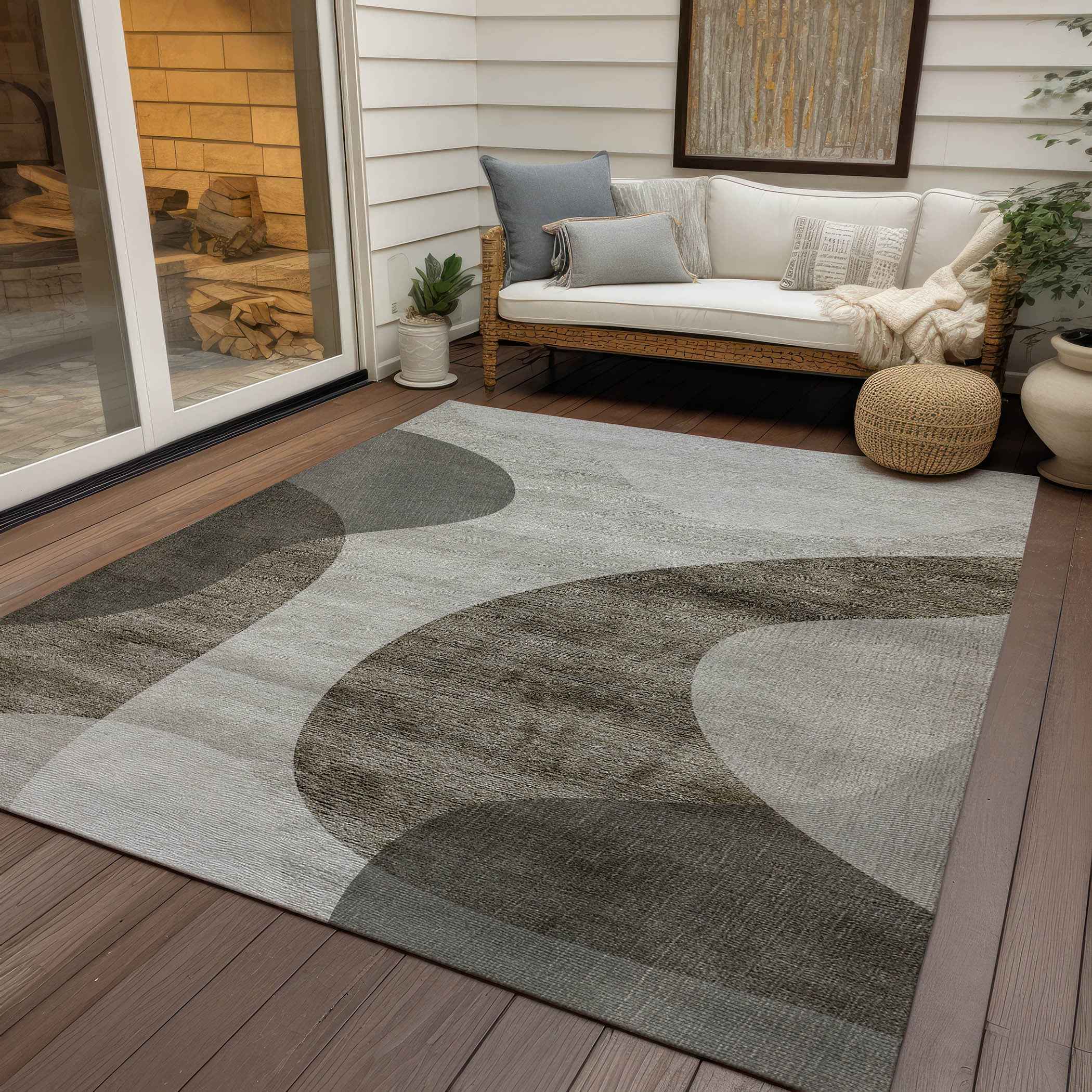5' X 8' Taupe Beige And Chocolate Abstract Washable Indoor Outdoor Area Rug