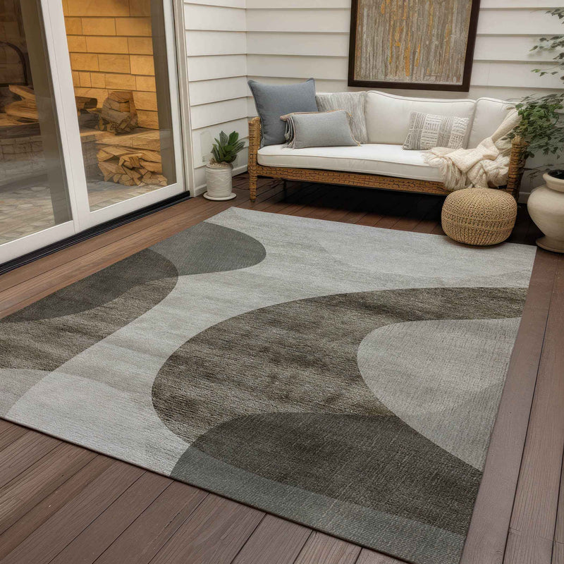 5' X 8' Taupe Beige And Chocolate Abstract Washable Indoor Outdoor Area Rug