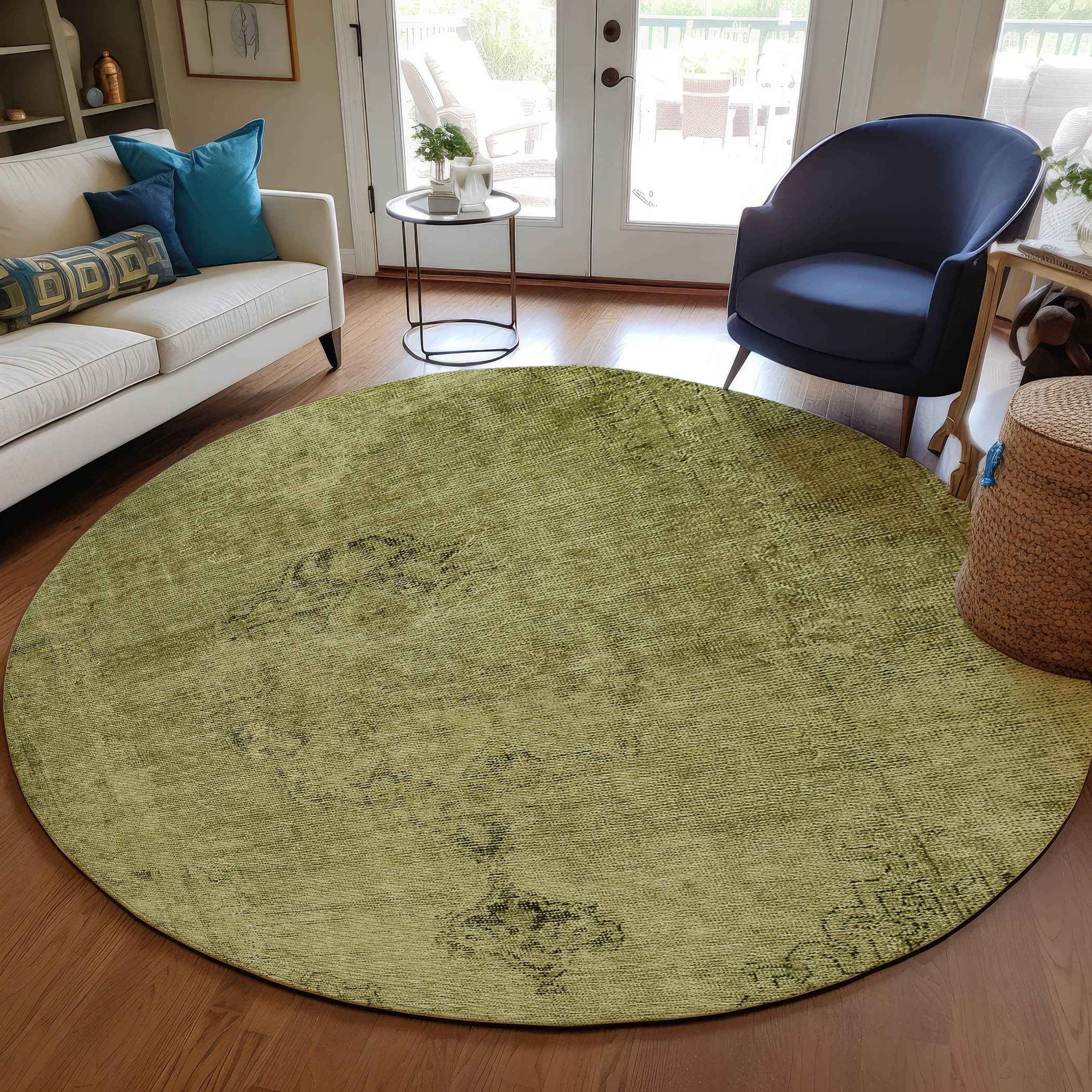 8' Khaki Brown And Taupe Round Oriental Washable Indoor Outdoor Area Rug