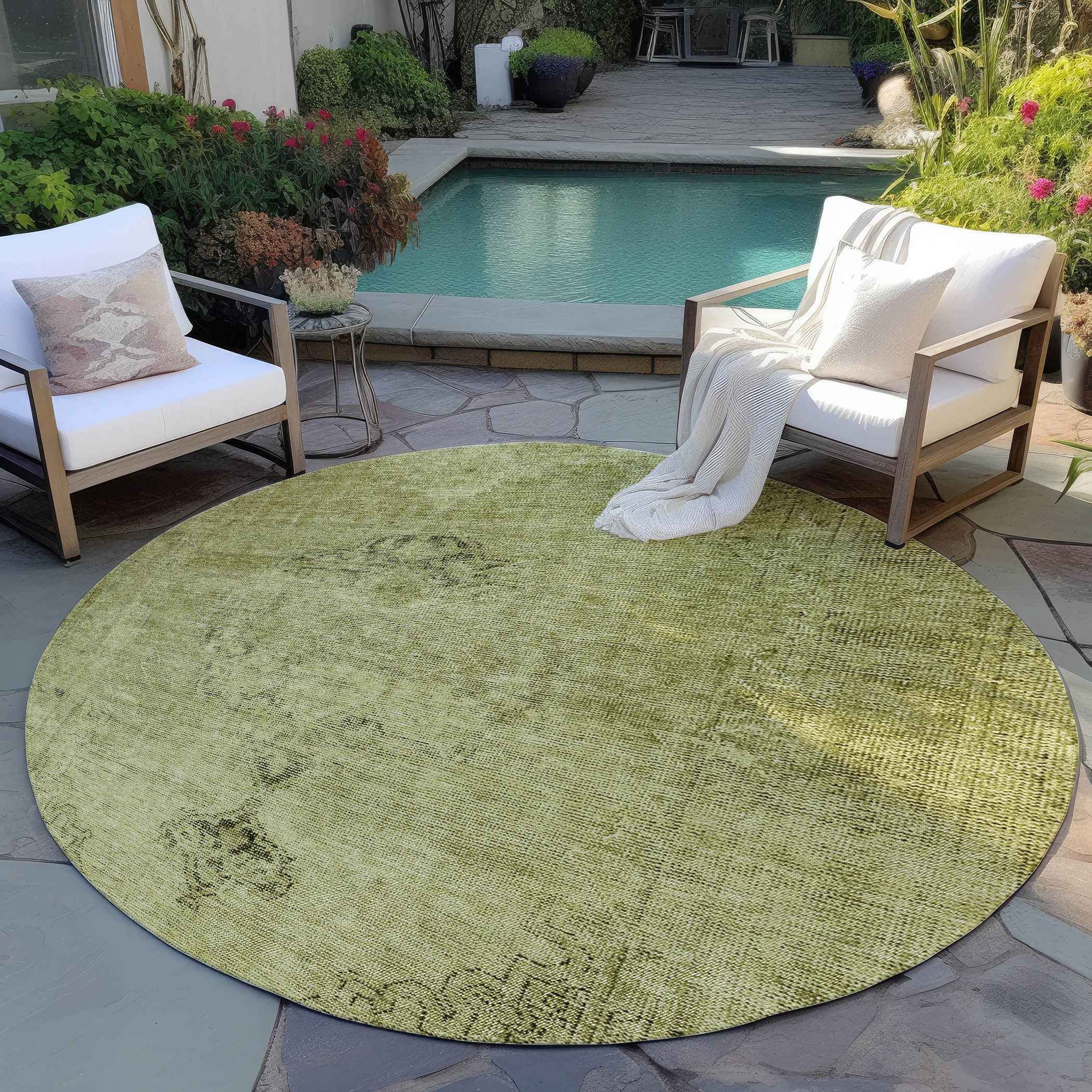 8' Khaki Brown And Taupe Round Oriental Washable Indoor Outdoor Area Rug