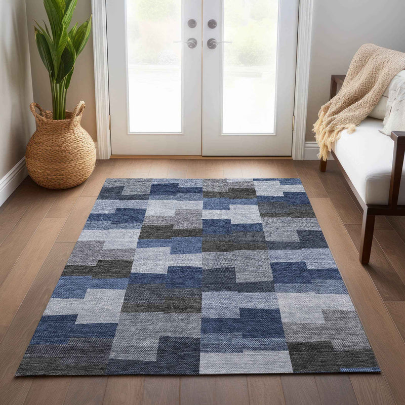 9' X 12' Navy Blue And Sky Blue Geometric Washable Indoor Outdoor Area Rug