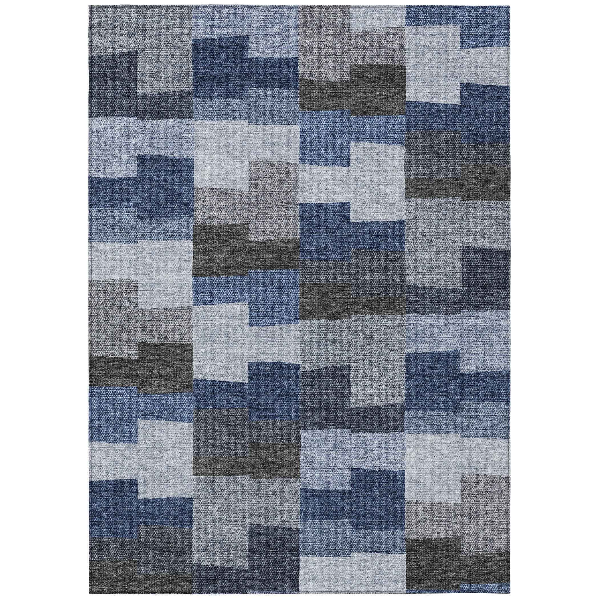 9' X 12' Navy Blue And Sky Blue Geometric Washable Indoor Outdoor Area Rug