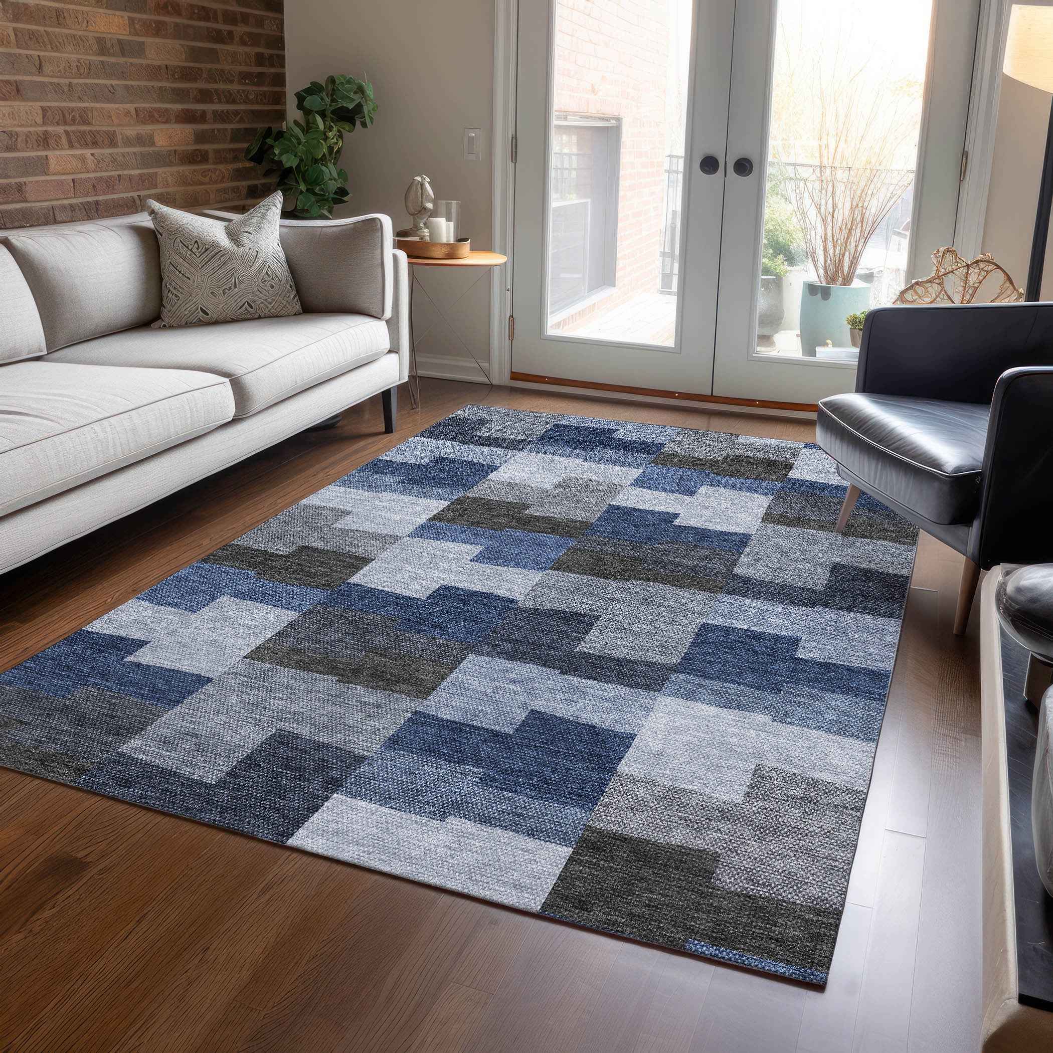 3' X 5' Navy Blue And Sky Blue Geometric Washable Indoor Outdoor Area Rug