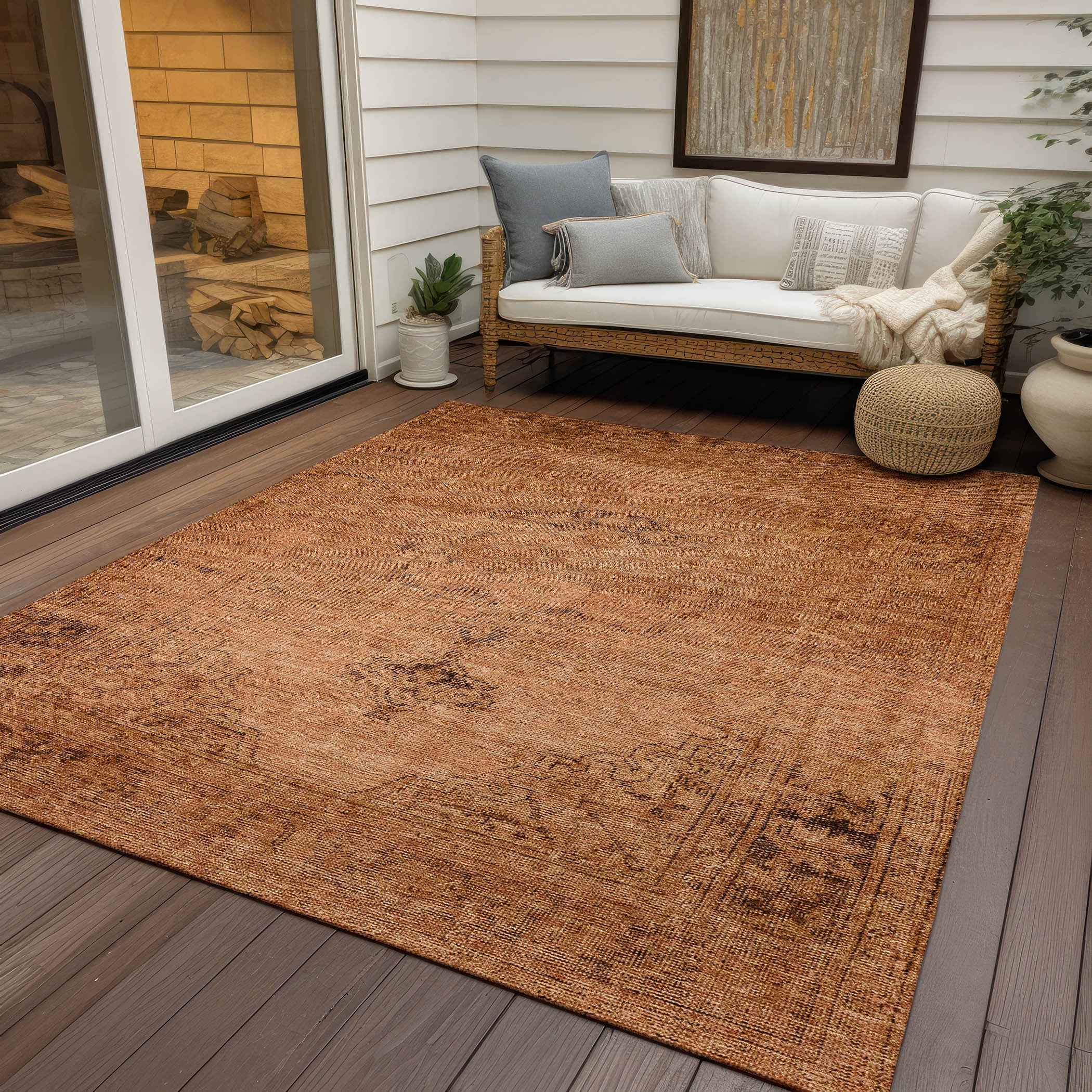 10' X 14' Copper Orange And Brown Oriental Washable Indoor Outdoor Area Rug