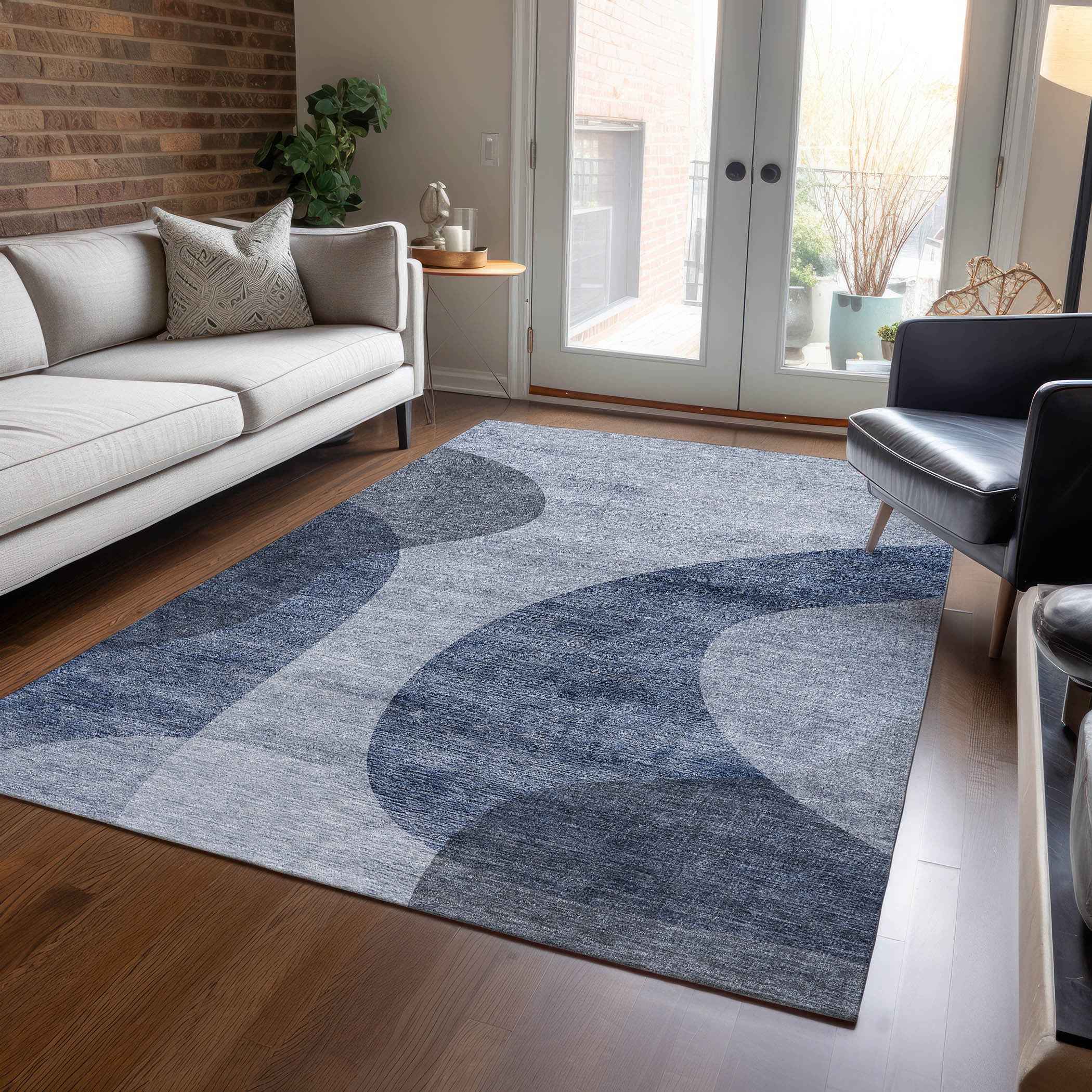 3' X 5' Denim Blue And Sky Blue Abstract Washable Indoor Outdoor Area Rug