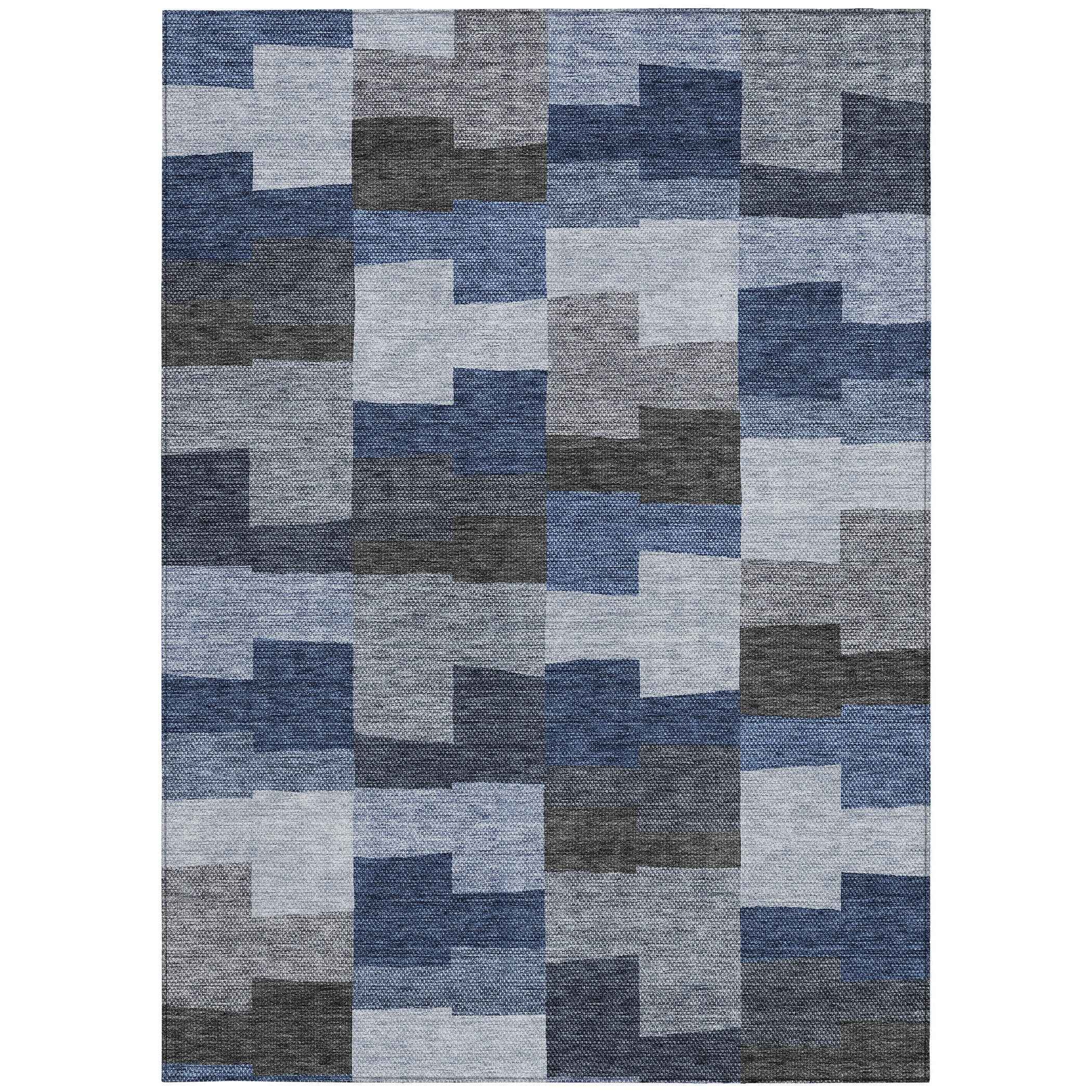 5' X 8' Navy Blue And Sky Blue Geometric Washable Indoor Outdoor Area Rug