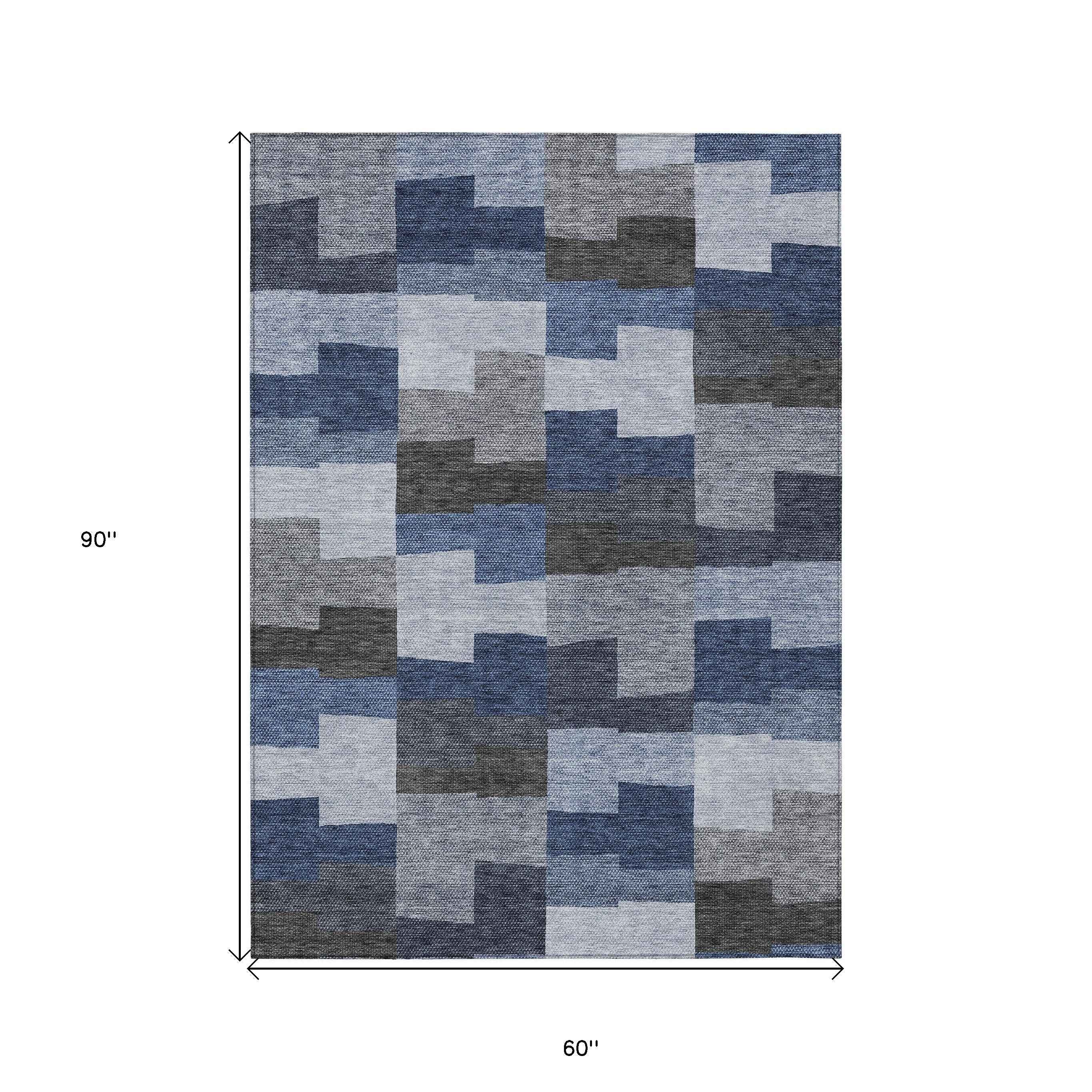 5' X 8' Navy Blue And Sky Blue Geometric Washable Indoor Outdoor Area Rug