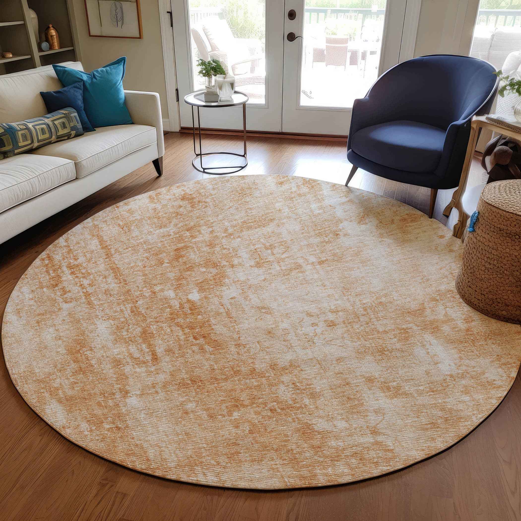 8' Terra Cotta Copper And Ivory Round Abstract Washable Indoor Outdoor Area Rug