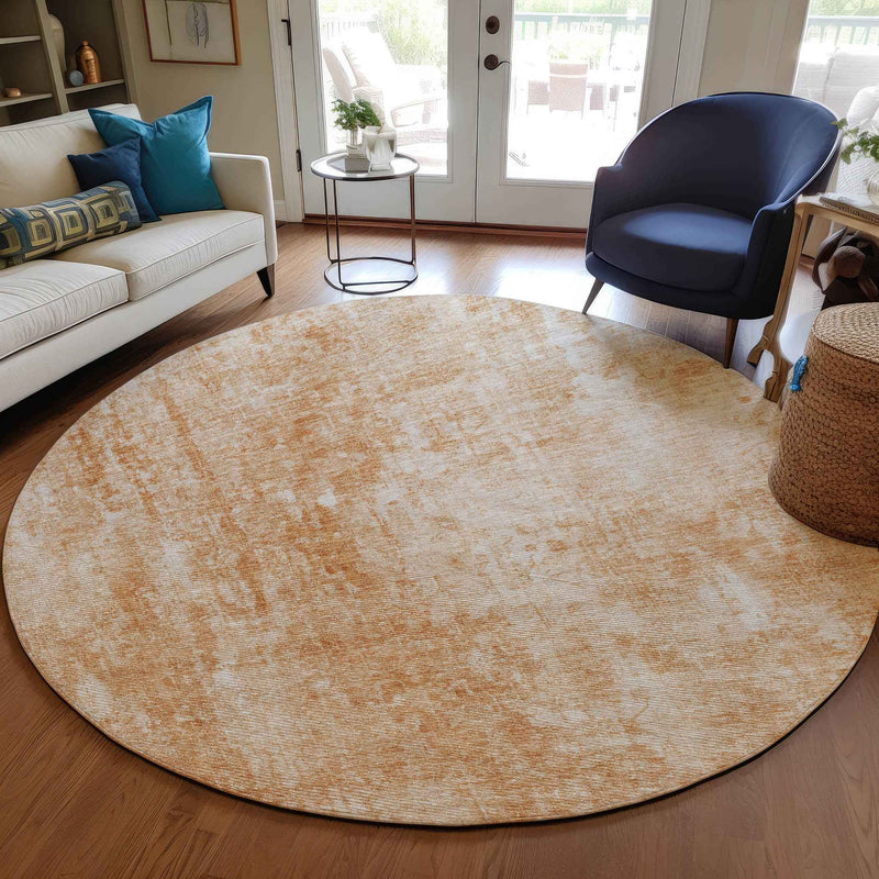 8' Terra Cotta Copper And Ivory Round Abstract Washable Indoor Outdoor Area Rug