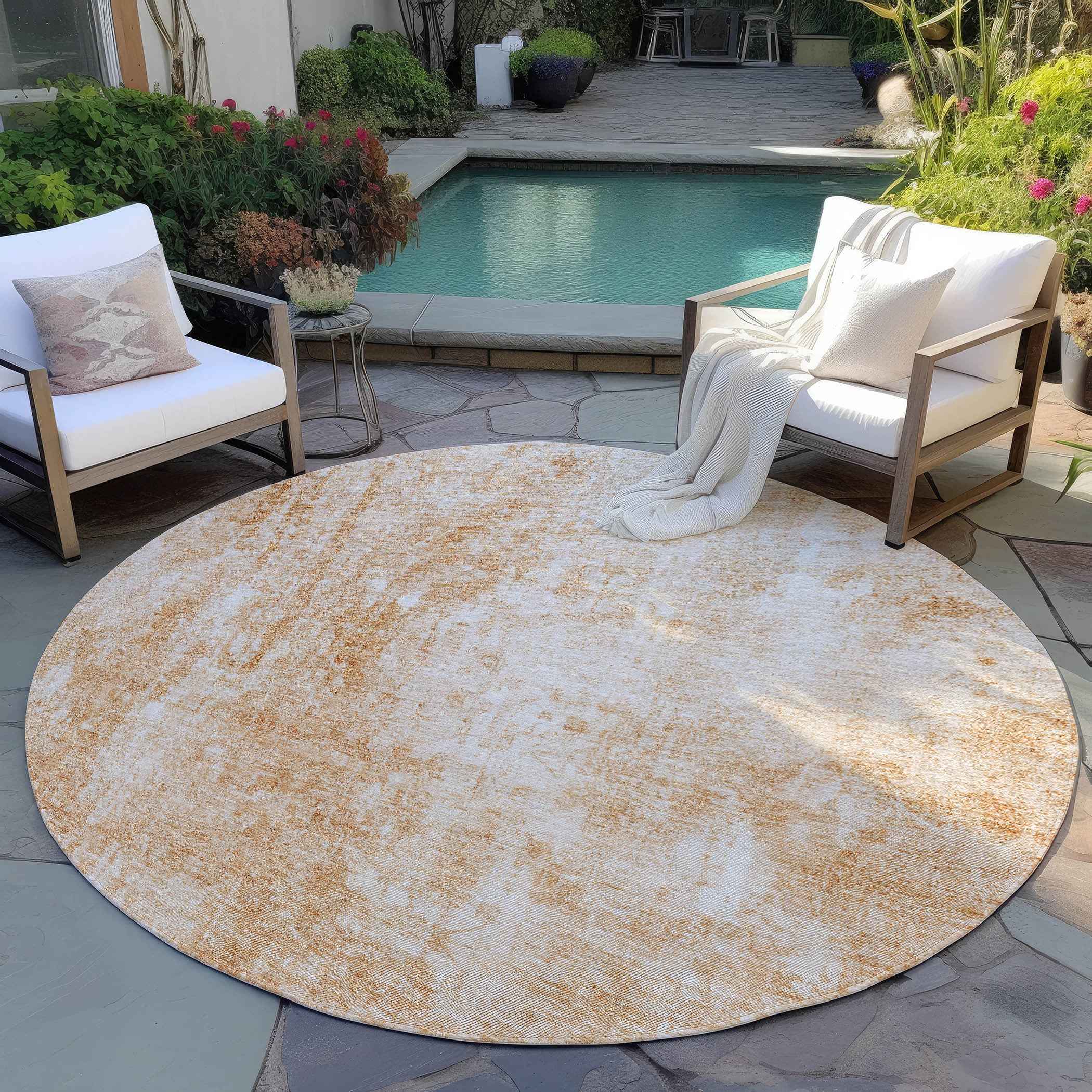 8' Terra Cotta Copper And Ivory Round Abstract Washable Indoor Outdoor Area Rug