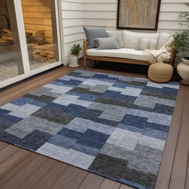 5' X 8' Navy Blue And Sky Blue Geometric Washable Indoor Outdoor Area Rug