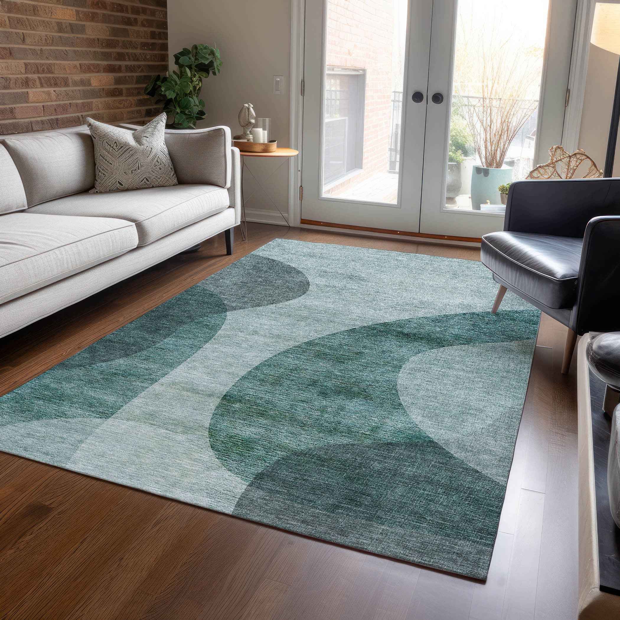 5' X 8' Green And Sage Abstract Washable Indoor Outdoor Area Rug